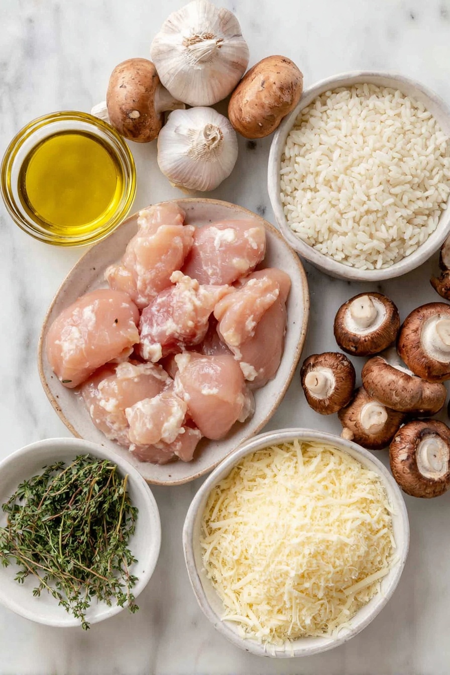 Flat lay of a small white ceramic bowl with golden olive oil, three fresh shallots with light purple and white skins, two plump skinless boneless chicken breasts cubed, a handful of fresh brown mushrooms including halved and whole ones, two whole cloves of garlic with smooth white skins, a small white ceramic bowl filled with pearly white Arborio rice, a small white ceramic bowl holding clear dry white wine, a small white ceramic bowl filled with fresh green thyme leaves, a small white ceramic bowl of finely grated pale yellow Parmesan cheese, and a small white ceramic bowl of coarse sea salt crystals, all arranged with perfect symmetry and realistic proportions, placed on a clean white marble surface, soft natural light, photo taken with an iPhone, professional food photography style, fresh ingredients, white ceramic bowls, no bottles, no duplicates, no utensils, no packaging --ar 2:3 --v 7 --p m7354615311229779997 - Creamy Chicken Mushroom Risotto, Chicken Mushroom Risotto, Easy Risotto Recipes, Comfort Food Dinner, Creamy Risotto