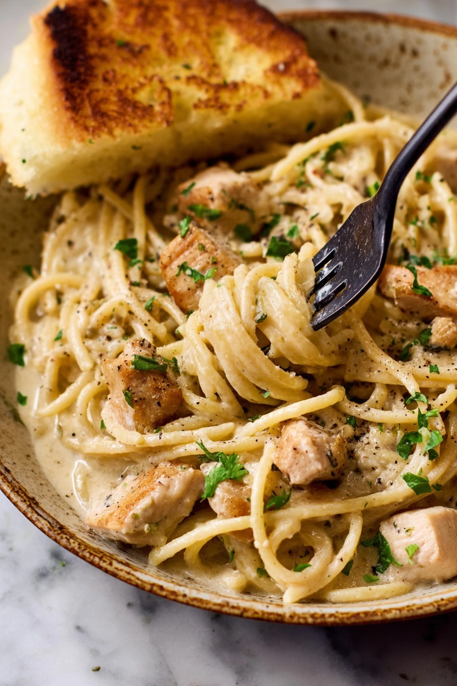 The image shows two bowls of creamy chicken pasta placed on a white marbled surface. Each bowl is filled with creamy white sauce-coated pasta strands intertwined with small pieces of light golden cooked chicken. The pasta is topped with a sprinkle of grated parmesan cheese and fresh green parsley leaves scattered over the dish. One bowl in the foreground features two golden brown toasted bread pieces resting against the edge. The bowls are beige with a speckled pattern and a spoon is visible inside the bowl closer to the camera. The overall look is warm and inviting, with soft textures and subtle color contrasts. Photo taken with an iphone --ar 2:3 --v 7 - Garlic Parmesan Chicken Pasta, creamy chicken pasta, easy chicken pasta recipe, quick dinner pasta, restaurant-style pasta