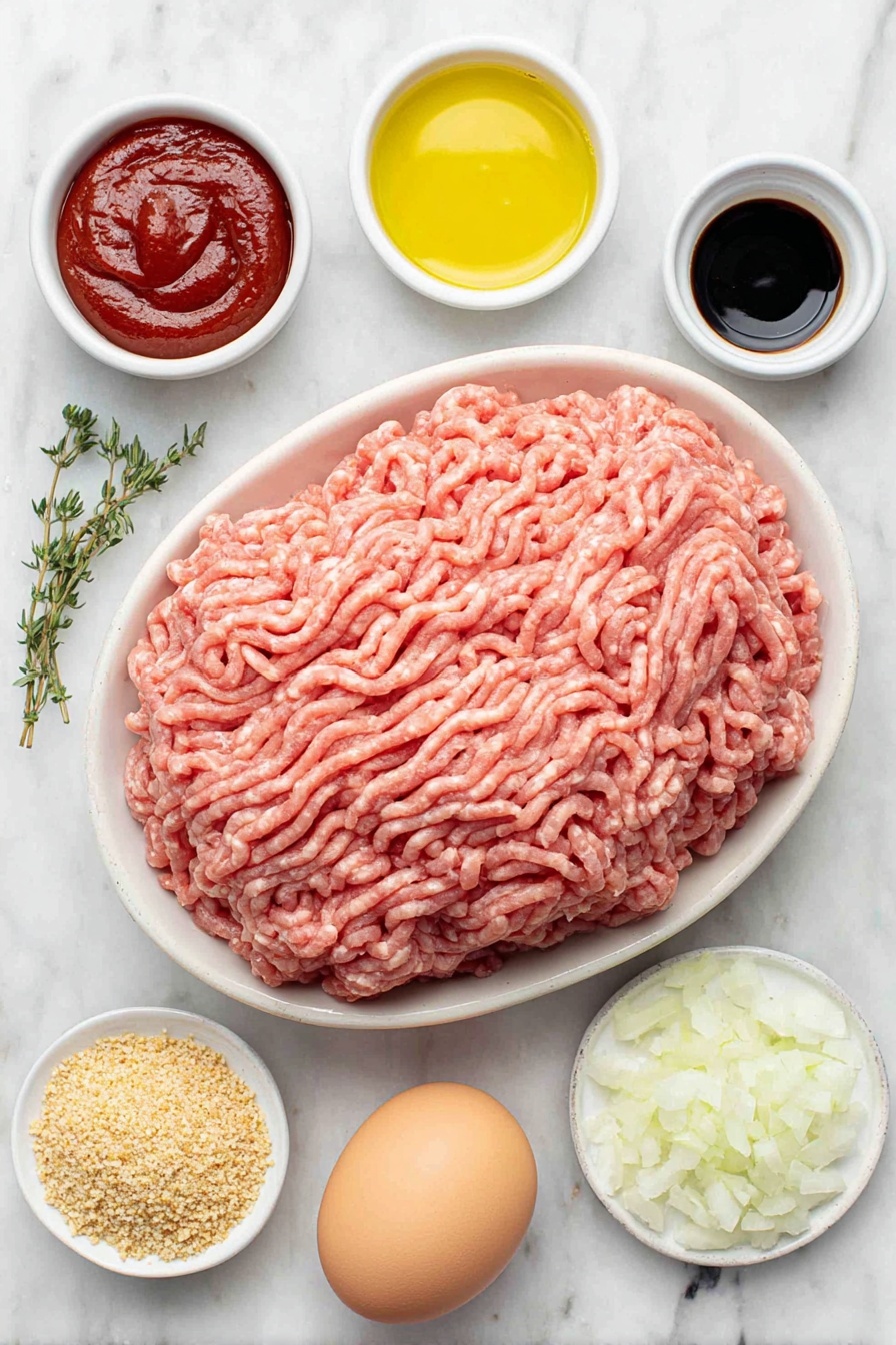 Flat lay of raw ground turkey in a simple white ceramic bowl, a small white bowl filled with bright red ketchup, a small white bowl with dark Worcestershire sauce, a few sprigs of fresh marjoram, one large whole brown egg with a clean shell, a small white bowl containing golden olive oil, half a small onion finely minced arranged neatly on a white ceramic plate, and a small white bowl of light brown seasoned whole wheat breadcrumbs, perfectly arranged in balanced symmetry, placed on a clean white marble surface, soft natural light, photo taken with an iPhone, professional food photography style, fresh ingredients, white ceramic bowls, no bottles, no duplicates, no utensils, no packaging --ar 2:3 --v 7 --p m7354615311229779997 - Healthy Ground Turkey Meatloaf, healthy turkey meatloaf recipe, easy ground turkey dinner, nutritious meatloaf recipes, healthy comfort food ideas