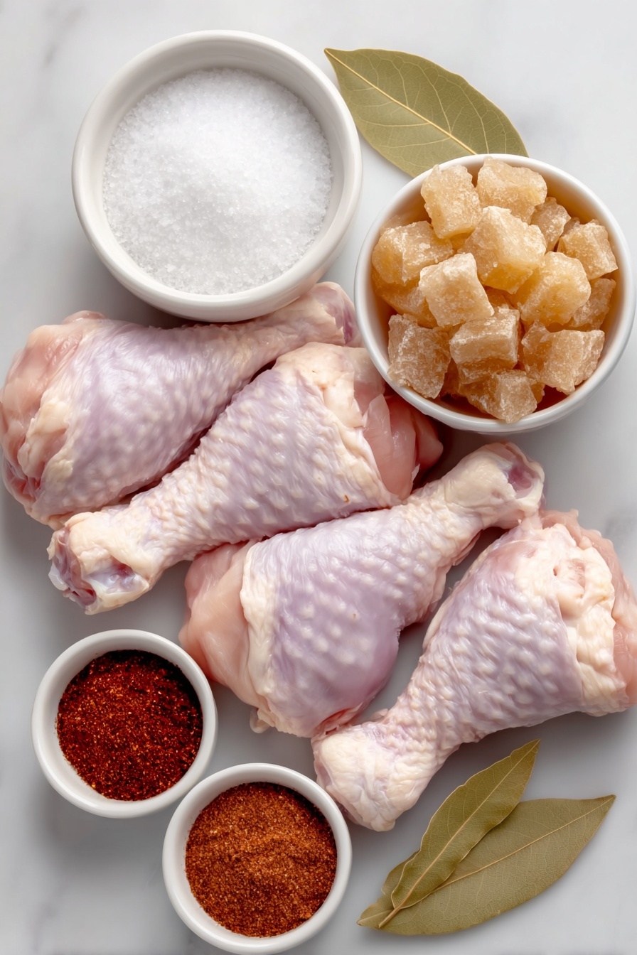 Flat lay of ten whole raw turkey legs with smooth clean skin, a fresh whole bay leaf, a small white ceramic bowl of coarse kosher salt, a small white bowl filled with golden brown sugar crystals, another small white bowl of light brown soft packed brown sugar, a small white bowl with bright red chili powder, a small white bowl with reddish paprika powder, a small white bowl containing a reddish-brown Montreal seasoning blend, and a small white bowl of pale onion salt, all arranged symmetrically and balanced on a clean white marble surface, soft natural light, photo taken with an iPhone, professional food photography style, fresh ingredients, white ceramic bowls, no bottles, no duplicates, no utensils, no packaging --ar 2:3 --v 7 --p m7354615311229779997 - Juicy Roasted Turkey Legs, flavorful turkey legs, crispy roasted turkey legs, easy turkey leg recipe, smoky turkey legs