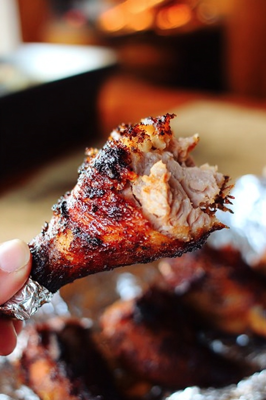The image shows three cooked chicken drumsticks on a dark metal tray. Each drumstick is grilled, with a reddish-brown color and black grill marks, covered with spices. The ends of the drumsticks are wrapped in shiny silver foil. The tray sits on a white marbled surface with a slightly blurred background that hints at a home kitchen. The focus is on the front-most drumstick. photo taken with an iphone --ar 2:3 --v 7 - Juicy Roasted Turkey Legs, flavorful turkey legs, crispy roasted turkey legs, easy turkey leg recipe, smoky turkey legs