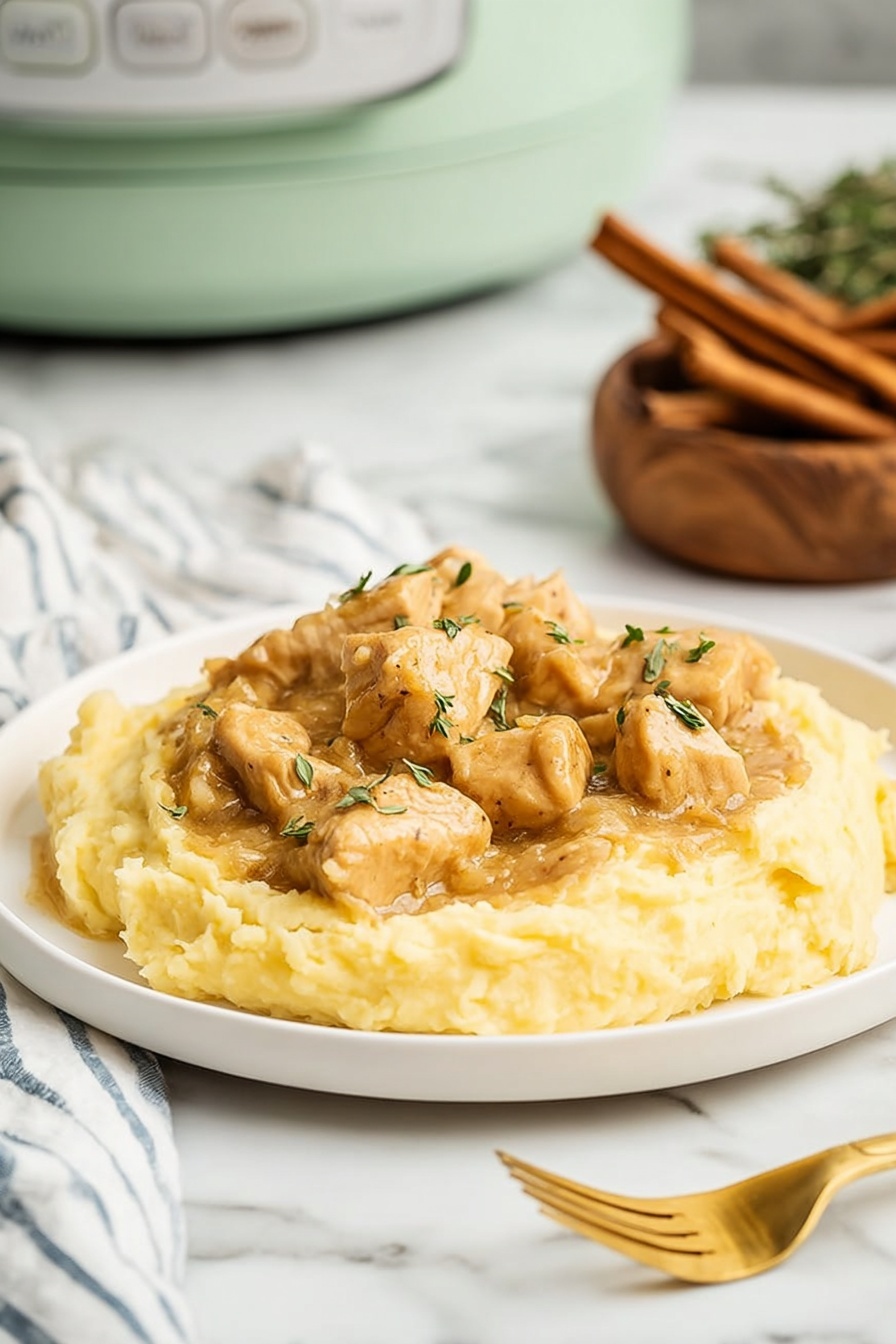 The dish shows two white plates on a white marbled surface, each filled with soft, yellow mashed potatoes forming the base layer, topped with a creamy, light tan chicken and gravy mixture with small pieces of chicken visible and small green herb sprigs scattered on top. A gold spoon rests on one plate, and around the plates are small wooden bowls containing different colored peppercorns and pink salt. A white slow cooker with the same chicken and gravy mix is partially visible in the upper right corner. The scene includes two gold forks on the left side of the image and a white cloth with blue stripes in the top left corner. photo taken with an iphone --ar 2:3 --v 7 - Slow Cooker Turkey with Creamy Gravy, easy turkey dinner, tender slow cooker turkey, homemade gravy recipe, comfort food turkey