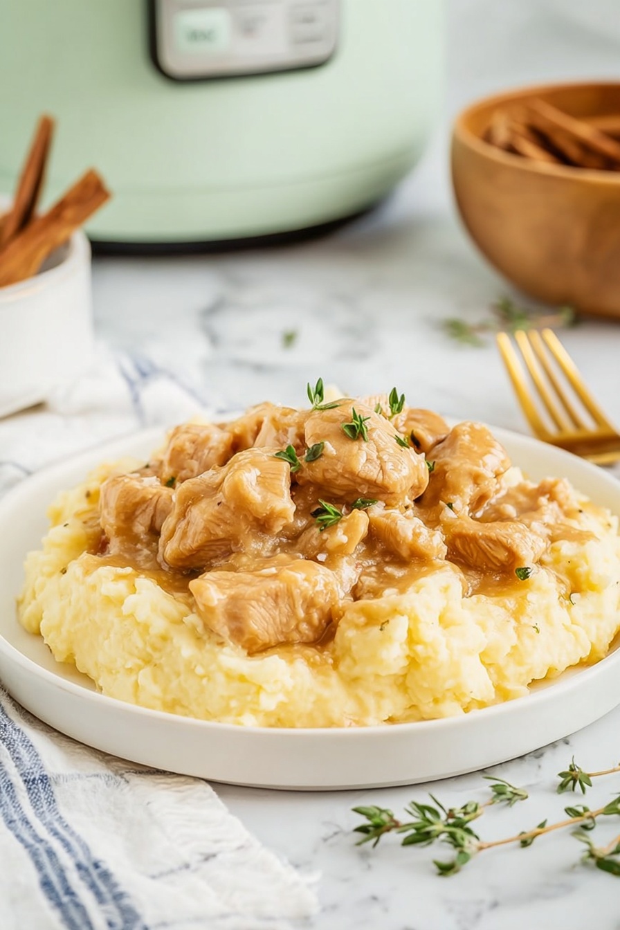 The dish is served on a white plate with two main layers: the bottom layer is a thick, creamy mashed potato with a smooth and slightly fluffy texture in pale yellow color, spread evenly across the plate; the top layer consists of chunky pieces of cooked chicken coated in a light brown, glossy gravy, scattered generously over the mashed potatoes. Small green herb leaves are sprinkled over the chicken for decoration. The scene includes a white marbled surface with a soft white and blue striped cloth on the left and a gold fork on the right. In the background, a pale green kitchen appliance and a wooden bowl with cinnamon sticks are visible, slightly blurred for depth. Photo taken with an iphone --ar 2:3 --v 7 - Slow Cooker Turkey with Creamy Gravy, easy turkey dinner, tender slow cooker turkey, homemade gravy recipe, comfort food turkey