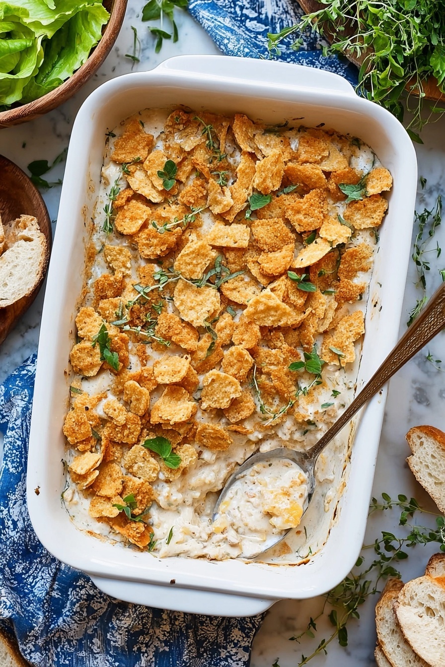 The image shows a white rectangular baking dish filled with a creamy, light beige casserole. The casserole has a thick layer of broken up golden-brown crackers scattered on top, with small green herb leaves sprinkled over them. The creamy base underneath looks smooth with some small pieces mixed in, likely vegetables or chicken, and a spoon rests inside the dish with a scoop taken out from one corner. The dish sits on a white marbled surface with a blue and white cloth underneath the left side. Surrounding the dish are fresh green lettuce leaves in a bowl on the top left, fresh herbs nearby, and torn white bread on the top right corner. photo taken with an iphone --ar 2:3 --v 7 - Leftover Turkey Rice Casserole, turkey leftover casserole, easy turkey casserole, comforting turkey dinner, holiday turkey leftovers recipe