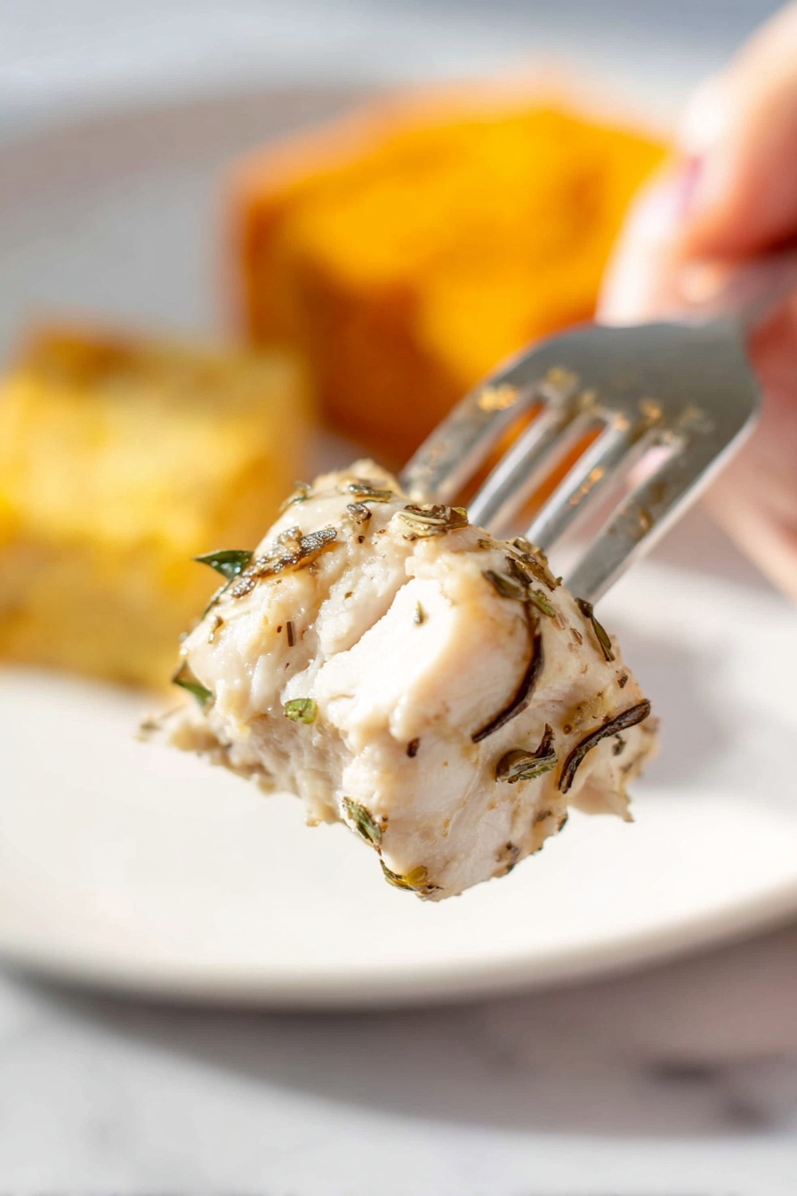 A close-up image shows a piece of white cooked chicken with small herbs on its surface, skewered by a fork with four metal prongs. In the blurred background, there is a white plate with a bright orange round sweet potato slice and a light yellow square polenta piece, all placed on a white marbled surface. A woman's hand is holding the fork, lifting the chicken piece towards the camera. The lighting is bright and natural, highlighting the textures and colors of the food. photo taken with an iphone --ar 2:3 --v 7 - Garlic Herb Turkey Tenderloin, Turkey Tenderloin Recipe, Easy Turkey Dinner, Juicy Turkey Main Dish, Healthy Turkey Recipe