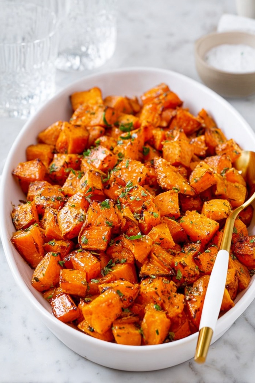 This image shows a white oval dish filled with roasted sweet potato cubes that are golden orange with some edges slightly browned, giving a crispy look. The cubes are sprinkled with small bits of green herb which add a fresh contrast to the orange. Inside the dish, on the right side, there is a golden spoon with a white handle resting among the sweet potatoes. The background is a white marbled surface with a clear glass and a small white bowl partially visible behind the main dish. The light is soft, highlighting the texture and color of the sweet potatoes clearly. photo taken with an iphone --ar 2:3 --v 7 - Maple Roasted Sweet Potatoes, roasted sweet potato side dish, caramelized sweet potatoes, healthy roasted sweet potatoes, easy sweet potato recipes