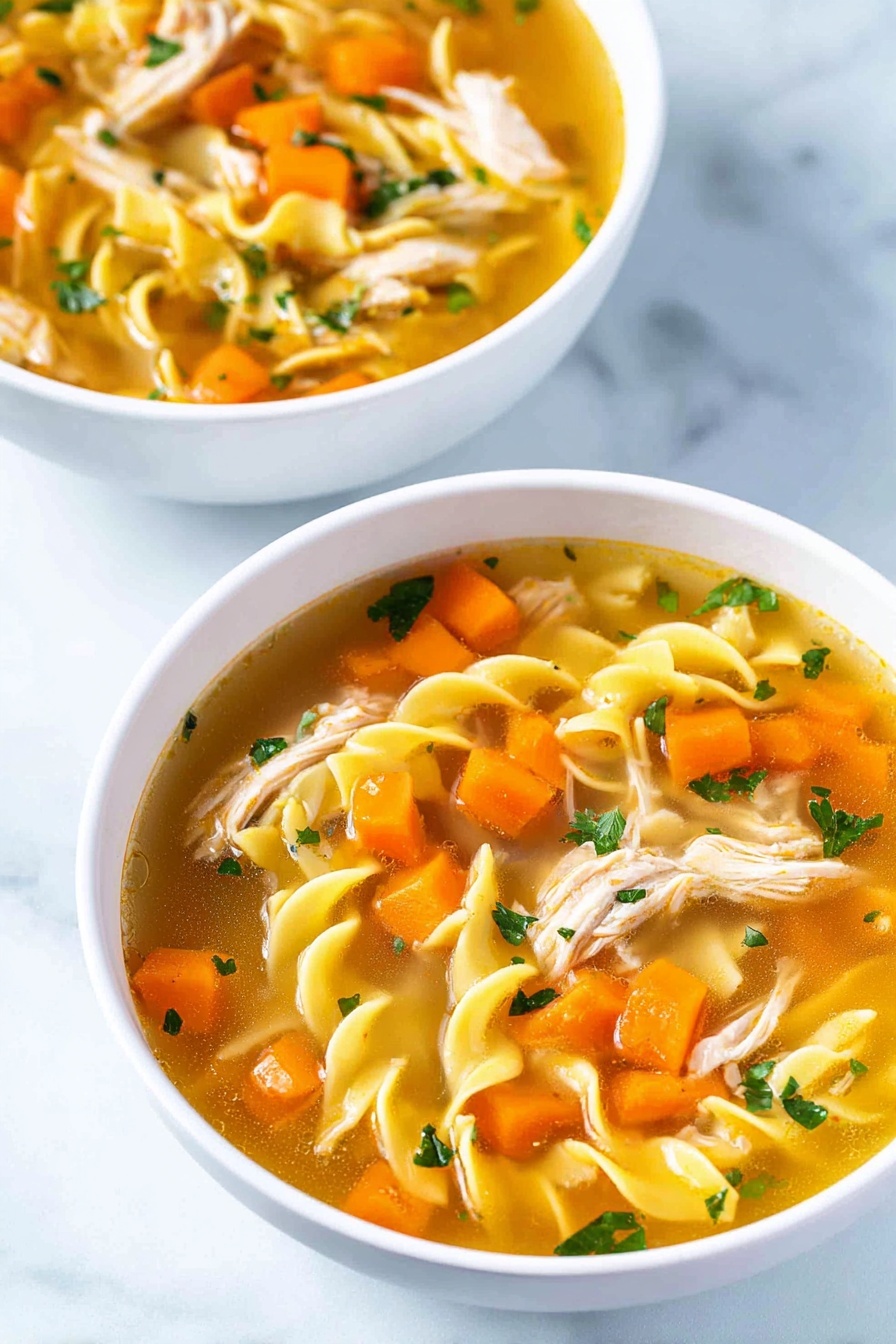 Two white bowls sit on a white marbled surface, each filled with a clear golden broth soup. Inside the soup are three main layers: bright orange carrot cubes scattered throughout, shredded pale pink chicken pieces, and yellow twisted egg noodles floating, mixed with small chopped green herbs and translucent onion bits. The colors mix well, creating a warm and fresh look. photo taken with an iphone --ar 2:3 --v 7 - Homemade Chicken Noodle Soup, easy chicken noodle soup, comforting chicken noodle soup, homemade chicken broth, best chicken noodle soup