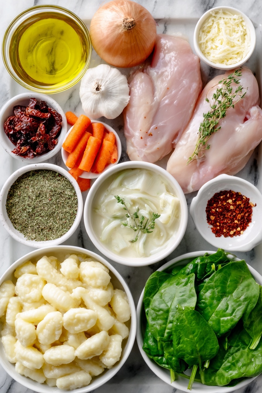 Flat lay of extra virgin olive oil in a small white bowl, one whole yellow onion, a pile of chopped fresh carrots, a few celery stalks chopped, two tablespoons of salted butter on a white ceramic plate, a precise mound of all-purpose flour in a small white bowl, two whole uncracked chicken breasts, several garlic cloves unpeeled, a small white bowl filled with mixed dried Italian seasoning herbs, a small white bowl with bright red paprika powder, fresh thyme sprigs, a pinch of red chili flakes on a white plate, coarse kosher salt and black peppercorns side by side on a white ceramic dish, a small white bowl with clear vegetable broth, chopped deep red sun-dried tomatoes on a white plate, fresh vibrant baby spinach leaves, a small white bowl of creamy coconut milk, grated parmesan cheese heaped on a white plate, and a pile of soft fresh potato gnocchi, arranged with perfect symmetry and balanced proportions, placed on a clean white marble surface, soft natural light, photo taken with an iPhone, professional food photography style, fresh ingredients, white ceramic bowls, no bottles, no duplicates, no utensils, no packaging --ar 2:3 --v 7 --p m7354615311229779997 - Creamy Gnocchi Chicken Soup, hearty chicken gnocchi soup, easy comfort food recipes, quick and creamy soup, cozy weeknight dinners