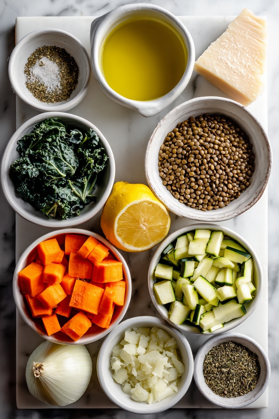 Flat lay of fresh whole uncracked brown eggs, a small white bowl of golden olive oil, a small white bowl of minced raw garlic cloves, fresh diced bright orange carrots, fresh diced pale yellow onions, a small white bowl of dried brown lentils, fresh diced green zucchini, a small white bowl of fresh lemon juice, fresh dark green packed chopped kale leaves, whole Parmesan cheese wedge with a small white dish of grated Parmesan, a small white bowl of mixed dried Italian herbs including basil, oregano, and thyme, all arranged with perfect symmetry on a clean white ceramic plate and bowls, placed on a clean white marble surface, soft natural light, photo taken with an iPhone, professional food photography style, fresh ingredients, white ceramic bowls, no bottles, no duplicates, no utensils, no packaging --ar 2:3 --v 7 --p m7354615311229779997 - Italian Lentil Vegetable Soup, healthy Italian lentil soup, hearty vegetable soup, vegan lentil soup, easy Italian soup recipe