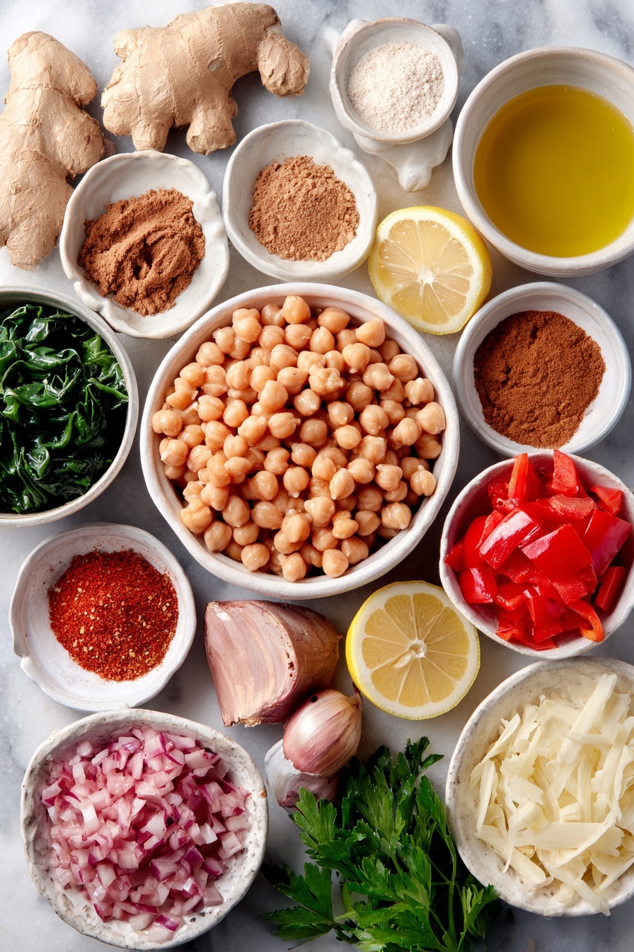 Flat lay of dried chickpeas in a small pile, a few cloves of whole fresh garlic, a piece of peeled ginger root finely shredded and laid out, one medium diced onion, two small sliced carrots, one medium diced red bell pepper, a small white bowl of ground cinnamon powder, a small white bowl of ground cumin powder, a small white bowl of smoked paprika powder, a small white bowl of ground turmeric, a small white bowl of red chili flakes, a small white bowl of olive oil, a small white bowl filled with vegetable broth, a small white bowl of water, a small white bowl of diced fresh tomatoes with liquid, one whole lemon cut in half, a small pile of tightly packed chopped dark leafy greens, a small white bowl of plain plant-based milk, a small white bowl of all-purpose flour, a small white bowl of creamy tahini, a small bunch of fresh chopped parsley placed neatly, all arranged symmetrically in perfect proportions on simple white ceramic bowls and plates, placed on a clean white marble surface, soft natural light, photo taken with an iPhone, professional food photography style, fresh ingredients, white ceramic bowls, no bottles, no duplicates, no utensils, no packaging --ar 2:3 --v 7 --p m7354615311229779997 - Hearty Chickpea Stew with Spices, chickpea stew recipe, spicy chickpea stew, vegetarian comfort food, easy chickpea stew