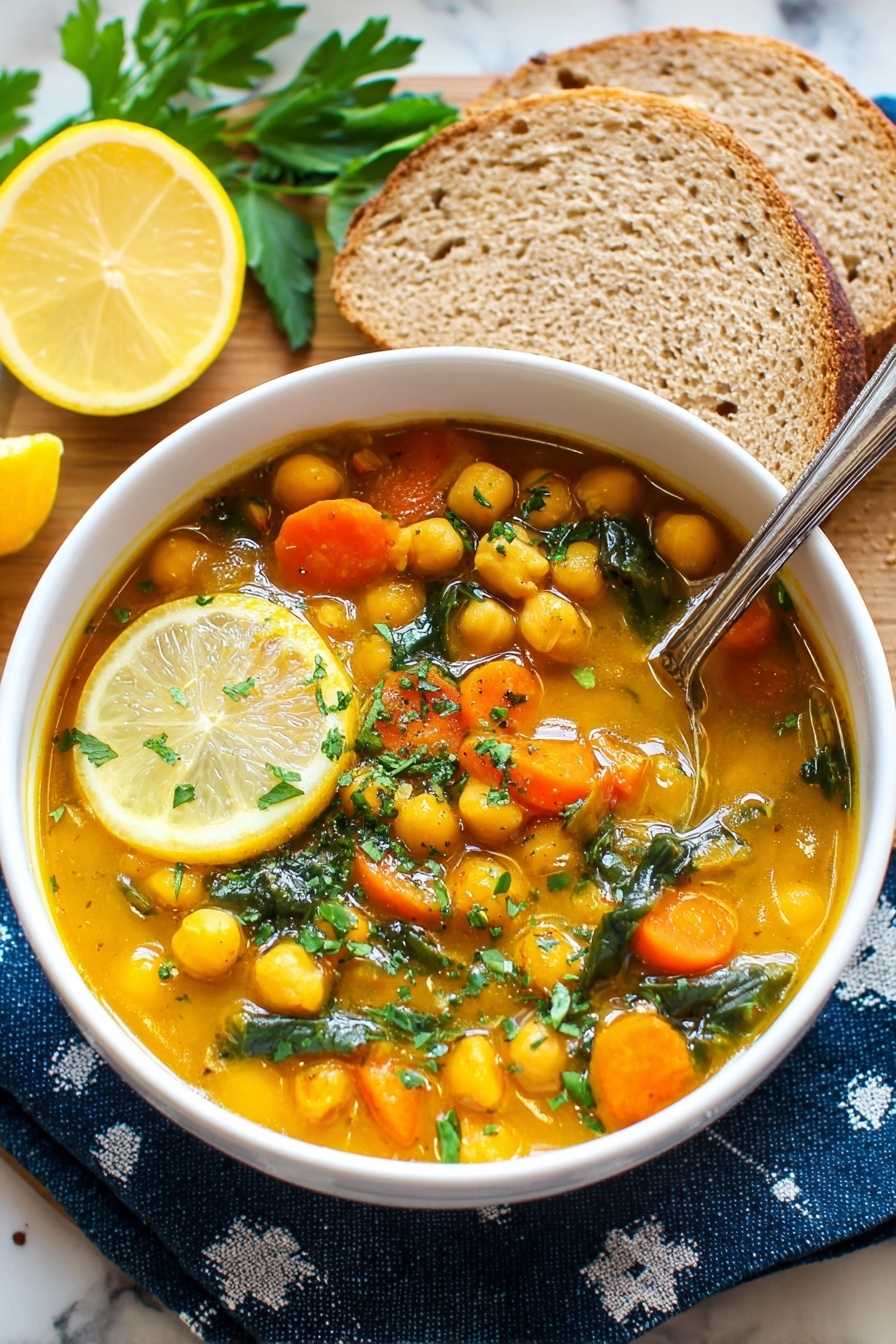 A white bowl filled with a thick stew showing three layers: a base of light brown broth, a middle layer of yellow chickpeas and orange carrot slices, and a top layer of dark green leafy vegetables, garnished with chopped herbs and a half lemon placed on the edge. The bowl sits on a dark cloth with white patterns, beside a brown pot filled with the same stew, containing a wooden spoon. Some fresh green herbs and slices of brown bread on a white marbled surface can be seen around the bowl. photo taken with an iphone --ar 2:3 --v 7 - Hearty Chickpea Stew with Spices, chickpea stew recipe, spicy chickpea stew, vegetarian comfort food, easy chickpea stew