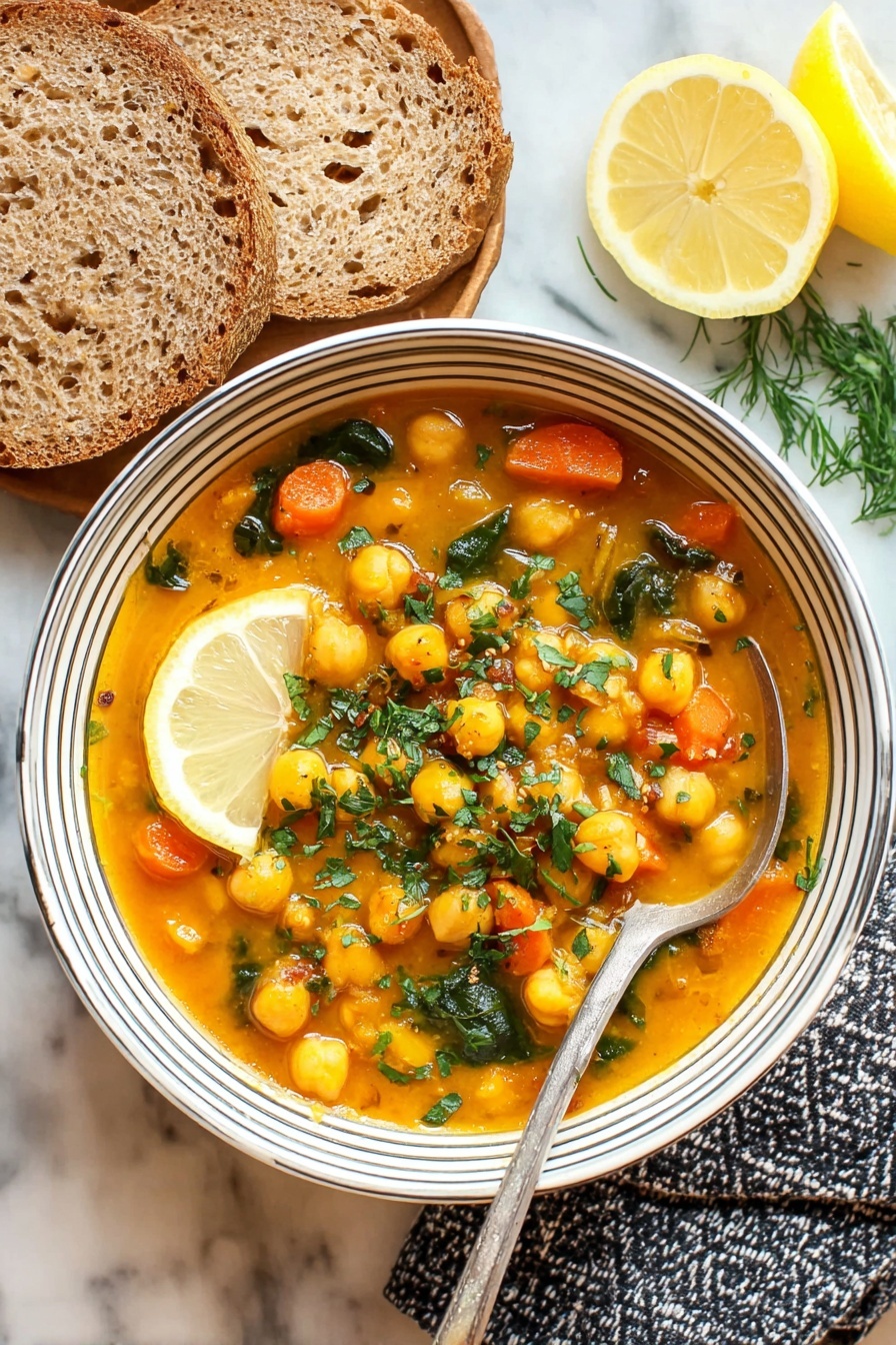 A white bowl filled with a thick chickpea stew showing orange-yellow broth with chunks of orange carrot slices and deep green leaves, all sprinkled with chopped green herbs on top. A bright yellow lemon half sits on the edge inside the bowl. A silver spoon rests inside the bowl, leaning on the side. Next to the bowl are two slices of brown bread with visible grains, placed on a dark blue cloth with white cross patterns. A lemon half and some green parsley are placed behind the bowl on a white marbled surface photo taken with an iphone --ar 2:3 --v 7 - Hearty Chickpea Stew with Spices, chickpea stew recipe, spicy chickpea stew, vegetarian comfort food, easy chickpea stew
