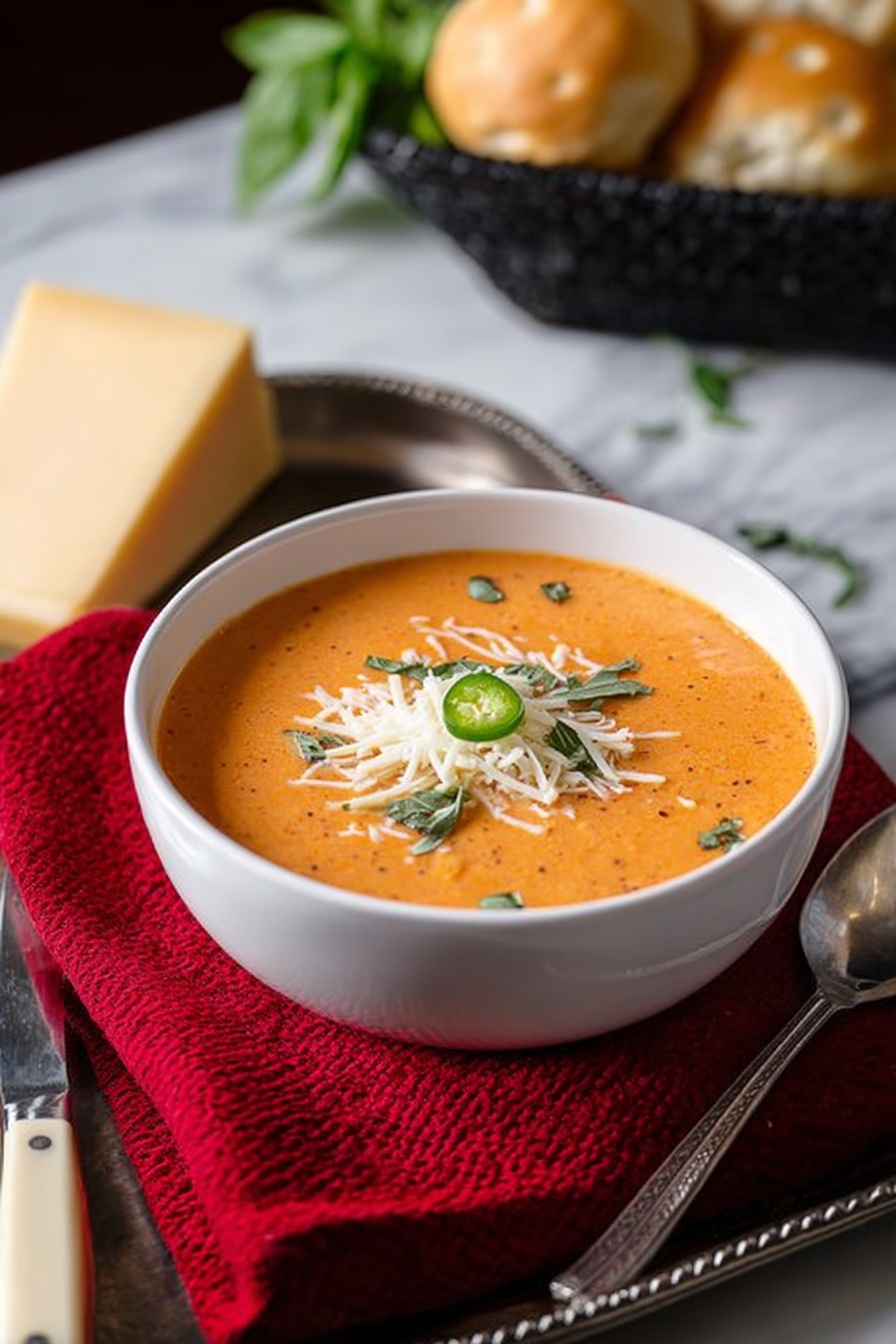 The image shows a large orange pot filled with creamy orange soup with small green bits floating on the surface. A wooden spoon rests inside the pot, with its handle leaning on the pot's edge. Next to the pot, fresh green basil leaves are placed on a white marbled surface. The rim of the pot and some soup splashes reveal the creamy texture. photo taken with an iphone --ar 2:3 --v 7 - Creamy Tomato Basil Soup, easy tomato basil soup, homemade tomato basil soup, comforting tomato soup, quick creamy tomato soup