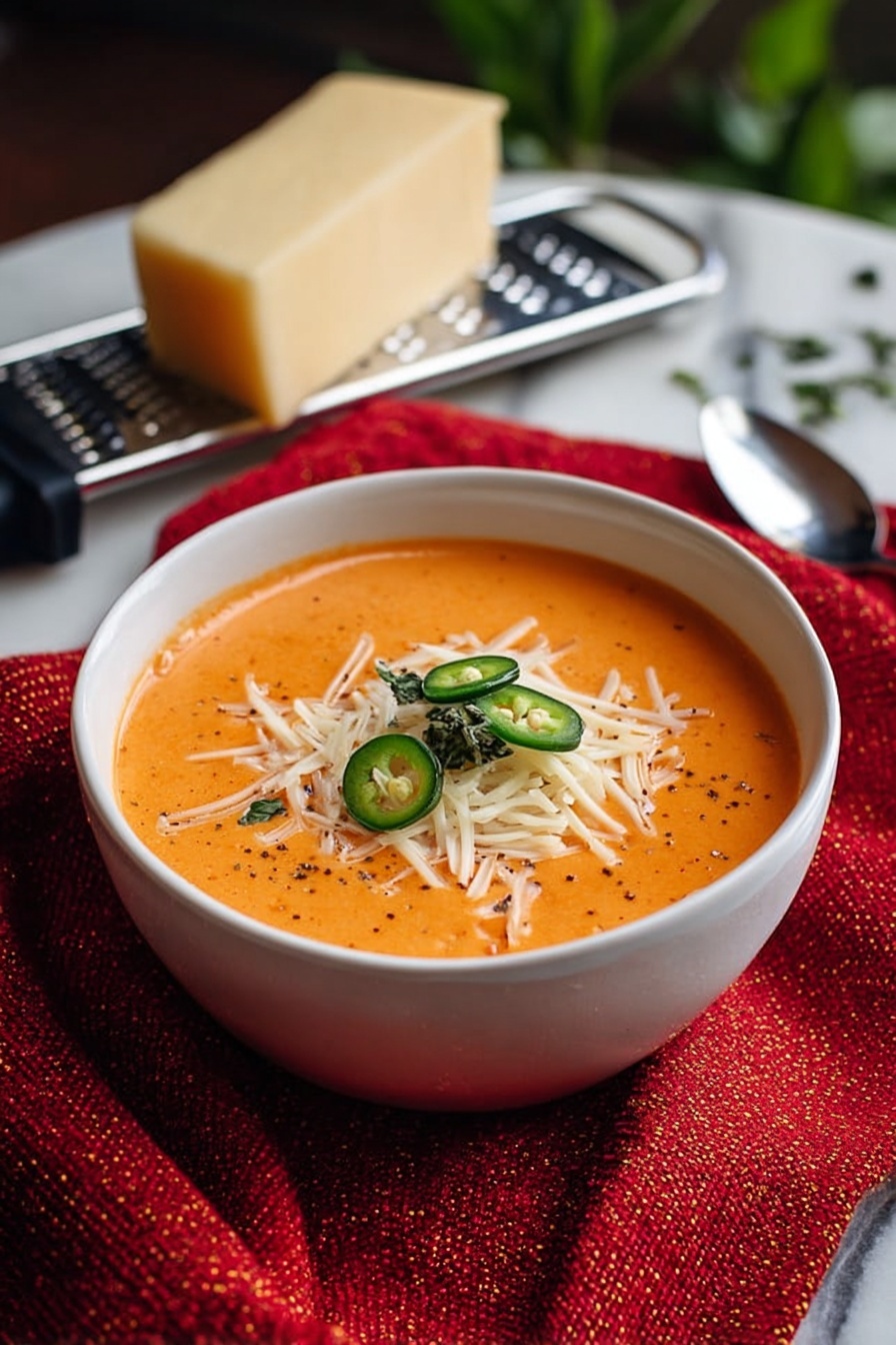 The image shows a white bowl filled with orange cream soup, topped with white shredded cheese and thin green slices of jalapeño pepper with some torn green herb leaves in the center. The bowl sits on a textured red cloth over a white marbled surface. To the left, there is a black-handled grater leaning on the cloth next to a wedge of light yellow cheese. In the background, the setting is a bit dark with some green leaves barely visible. photo taken with an iphone --ar 2:3 --v 7 - Creamy Tomato Basil Soup, easy tomato basil soup, homemade tomato basil soup, comforting tomato soup, quick creamy tomato soup
