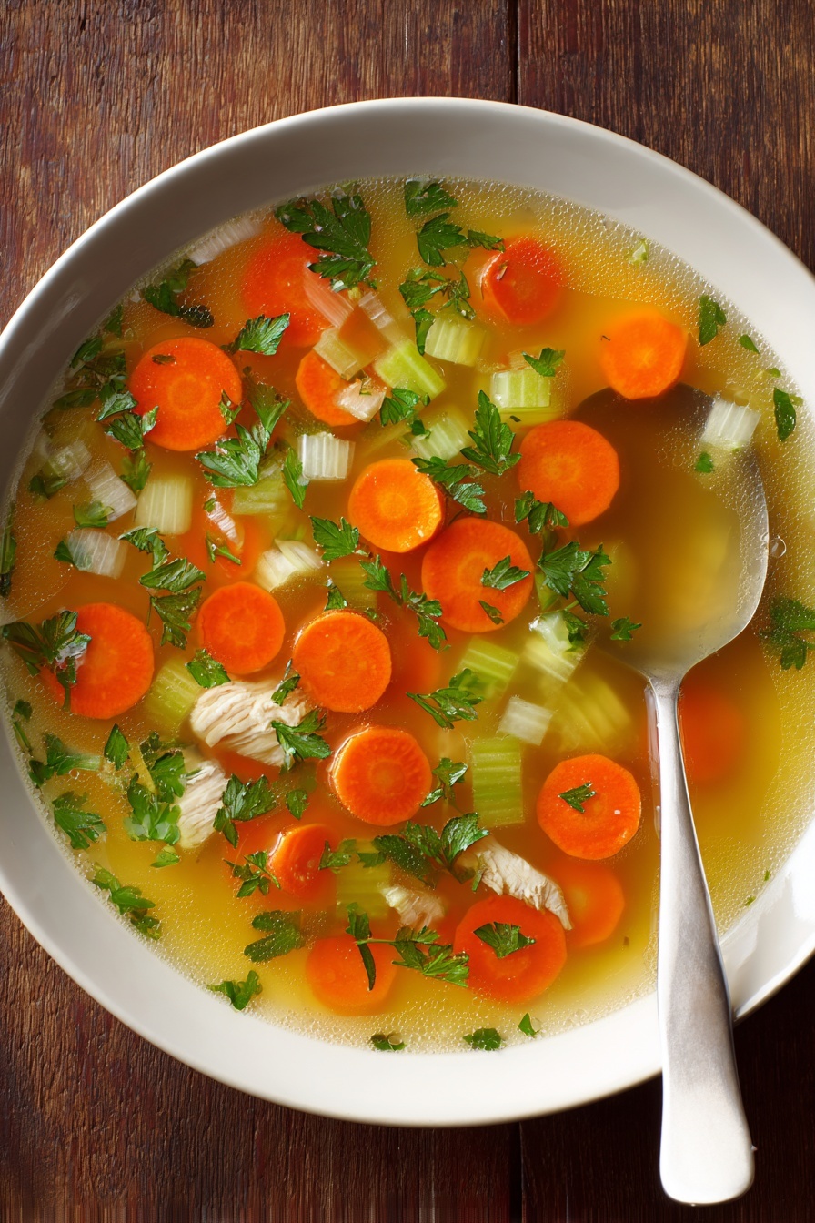 The image shows a top view of a white bowl filled with clear vegetable soup. The soup contains visible layers including bright orange carrot slices near the center, light green celery pieces, small white onion chunks, and bits of fresh green herbs scattered throughout. The broth is light yellow with some small bubbles and a slightly oily surface that reflects light. The bowl rests on a white marbled surface with the edge of a woman's hand holding the bowl visible at the bottom left. Photo taken with an iphone --ar 2:3 --v 7 - Homemade Chicken Veggie Soup, healthy chicken veggie soup, comforting chicken vegetable soup, easy chicken noodle soup, light wholesome soup