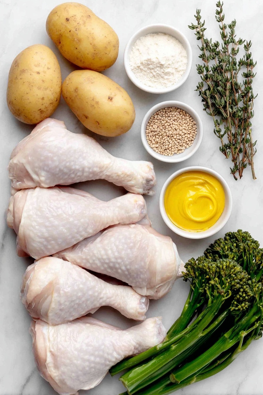 Flat lay of fresh whole raw chicken drumsticks with skin, a small pile of smooth golden potatoes, a small white bowl of vibrant golden honey, a small white bowl of bright yellow Dijon mustard, a small white bowl of coarse wholegrain mustard seeds in mustard, a single peeled garlic clove, a small white bowl of clear olive oil, a small white bowl of light beige cornflour powder, fresh green thyme sprigs scattered and a few crisp dark green broccolini stalks, all arranged symmetrically and realistically proportioned in simple white ceramic bowls and dishes, placed on a clean white marble surface, soft natural light, photo taken with an iPhone, professional food photography style, fresh ingredients, white ceramic bowls, no bottles, no duplicates, no utensils, no packaging --ar 2:3 --v 7 --p m7354615311229779997 - Honey Mustard Baked Chicken Drumsticks, easy baked chicken recipes, crispy baked chicken, kid-friendly chicken dinner, flavorful chicken drumsticks
