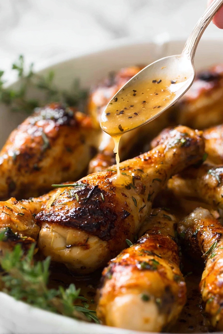 A baking tray is shown filled with cooked food divided into two sides by foil; the left side has seven browned chicken drumsticks with herbs sprinkled on them, resting in a light golden sauce with some dark browned spots, and a silver spoon lies at the bottom left corner; the right side holds four golden-brown roasted potato slices with grill marks, along with several bright green broccolini stalks scattered around on a white marbled surface visible beneath the tray photo taken with an iphone --ar 2:3 --v 7 - Honey Mustard Baked Chicken Drumsticks, easy baked chicken recipes, crispy baked chicken, kid-friendly chicken dinner, flavorful chicken drumsticks