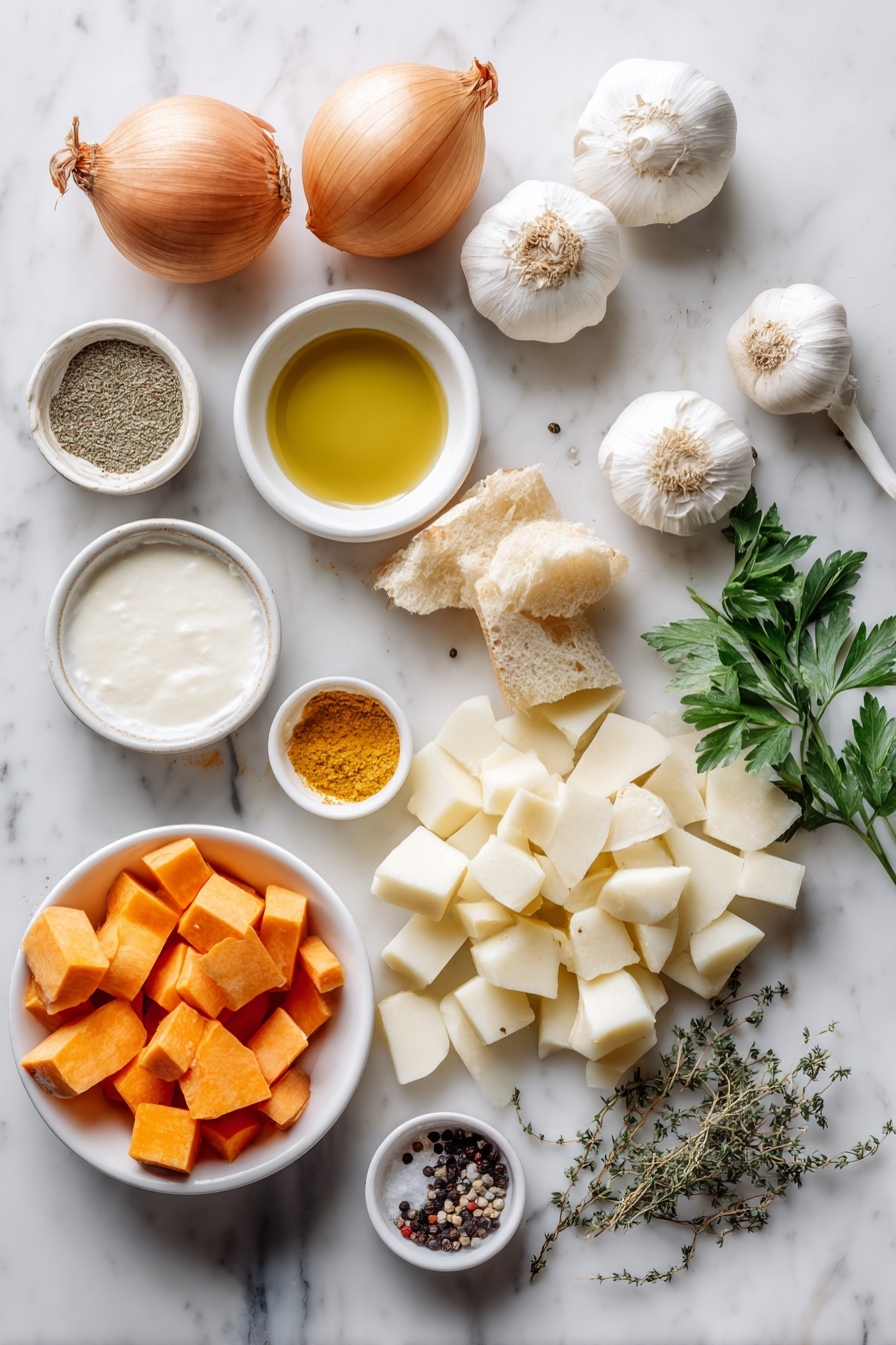 Flat lay of a small pile of fresh whole unpeeled onions with papery skin, three whole uncracked garlic cloves, a small mound of bright orange peeled carrot pieces cut into chunks, thick cubes of peeled golden potato, thick cubes of peeled sweet potato with orange flesh, roughly chopped pale cream parsnip pieces, a chunk of peeled celeriac with rough skin, a few fresh sprigs of green parsley, a small white ceramic bowl with golden extra virgin olive oil, a small white ceramic bowl with creamy unsalted butter, a small white ceramic bowl filled with thick white heavy cream, a small white ceramic bowl containing warm light brown crusty bread pieces, a small white ceramic bowl with bright yellow curry powder, a small white ceramic bowl with dried thyme leaves, a small white ceramic bowl with coarse kosher salt, a small white ceramic bowl with black peppercorns, all ingredients arranged symmetrically and balanced on a clean white marble surface, soft natural light, photo taken with an iPhone, professional food photography style, fresh ingredients, white ceramic bowls, no bottles, no duplicates, no utensils, no packaging --ar 2:3 --v 7 --p m7354615311229779997 - Root Vegetable Soup with Curry Cream, comforting vegetable soup, creamy root vegetable soup, easy healthy soup recipes, curry flavored vegetable soup