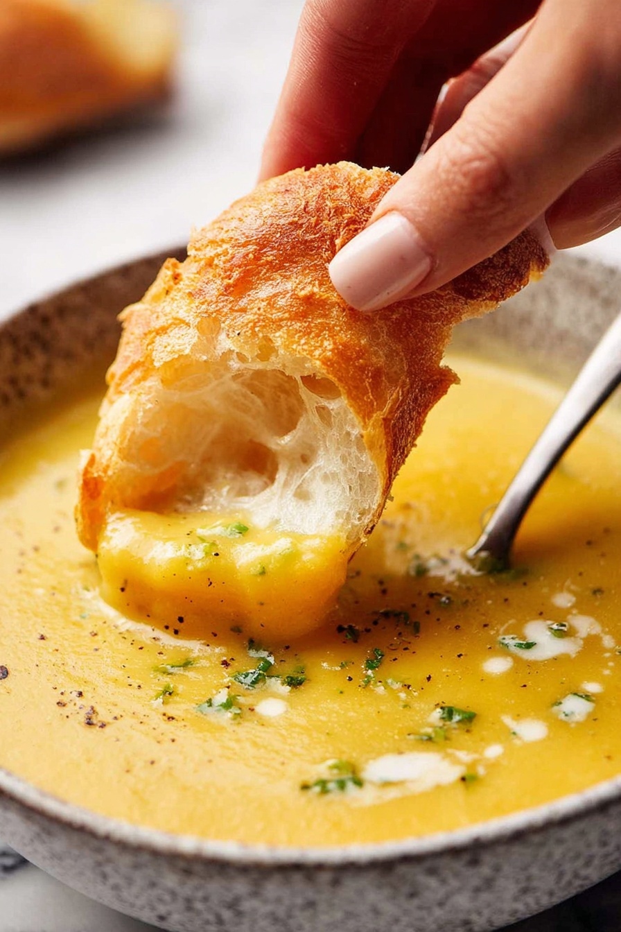 A close-up view shows a woman's hand dipping a torn piece of soft, crusty bread with a light golden-brown outer layer and a fluffy white inside into a creamy, smooth yellow soup with tiny green herb bits and a slight sprinkle of black pepper on top, all inside a speckled bowl sitting on a white marbled surface, with a silver spoon resting inside the bowl photo taken with an iphone --ar 2:3 --v 7 - Root Vegetable Soup with Curry Cream, comforting vegetable soup, creamy root vegetable soup, easy healthy soup recipes, curry flavored vegetable soup