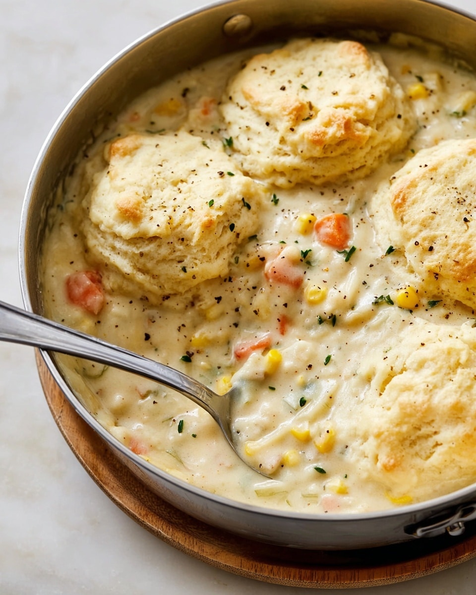 This image shows a round metal pan filled with a creamy white stew that has visible small pieces of orange carrots, yellow corn, and green herbs mixed inside. On top of the stew, there are four large, light golden biscuits with a fluffy and soft texture. The biscuits are slightly rough on the surface and sprinkled with a little black pepper. A silver spoon rests inside the pan, scooping some stew with chunks of vegetables and herbs. The pan is placed on a round wooden tray on a white marbled surface. photo taken with an iphone --ar 4:5 --v 7