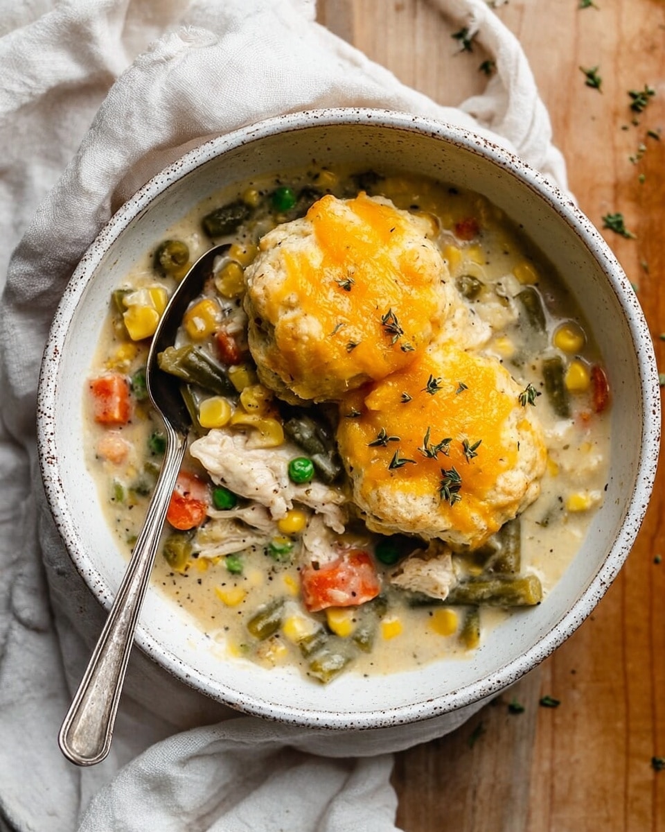 A white rectangular baking dish filled with a creamy stew that has two main visible layers: the bottom layer is thick and light beige with small pieces of green peas, orange carrots, and corn mixed in, while the top layer consists of roughly shaped biscuit dough pieces covered with melted orange cheddar cheese and a light sprinkling of herbs and black pepper. A wooden spoon is scooping up one biscuit piece covered in the creamy stew from the bottom left side of the dish. The background is a white marbled surface, and there are a few small green sprigs near the dish. Photo taken with an iphone --ar 4:5 --v 7