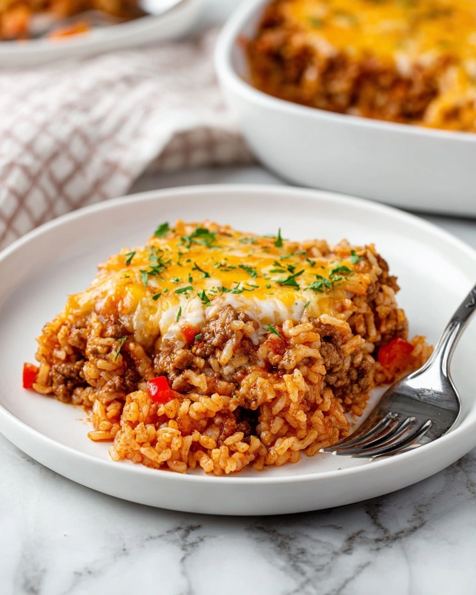The image shows a close-up of a baked rice dish in a white plate on a white marbled surface. The dish has two main layers: a bottom layer of cooked rice mixed with small pieces of browned ground meat and sauce, giving a reddish-brown color and a moist, chunky texture, and a top layer of melted cheese in pale yellow and white, slightly browned in some spots. Small green herb pieces are sprinkled over the top, adding a fresh touch. A metal fork lifts a portion of the dish, showing the layers clearly. Photo taken with an iphone --ar 4:5 --v 7