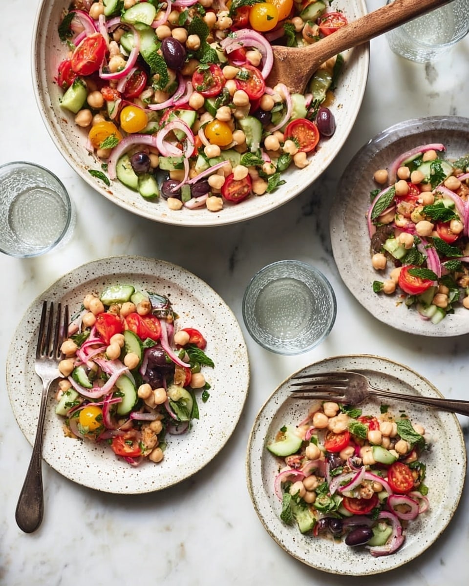 A large white bowl filled with a colorful salad sits on a white marbled surface, the salad made up of layers including pale beige chickpeas, bright red and yellow halved cherry tomatoes, green cucumber chunks, dark purple sliced olives, thin pink slices of pickled onion, and fresh green herbs scattered on top. Three white plates with speckled patterns hold smaller servings of the same salad, each plate showing a mix of the ingredients with visible texture differences, like the smooth tomatoes and cucumber, the round chickpeas, and the leafy herbs. Two metal forks rest on two of the plates, and a wooden spoon is in the large bowl, with a woman's hand gently holding the spoon. Three clear glasses of water are placed around the plates, all on the white marbled surface. photo taken with an iphone --ar 4:5 --v 7