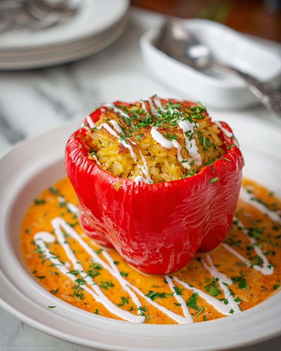 The image shows a close view of a white baking dish filled with many bright red bell peppers standing upright, each stuffed tightly with a yellow rice mixture topped with a slightly browned red sauce layer that covers the rice in an uneven, textured way. The peppers are shiny with a cooked, soft skin that has wrinkled a bit from baking, and they sit closely together, filling the whole dish. The bottom edges of the peppers show slight bubbling juices. The whole scene is set on a white marbled surface. photo taken with an iphone --ar 4:5 --v 7