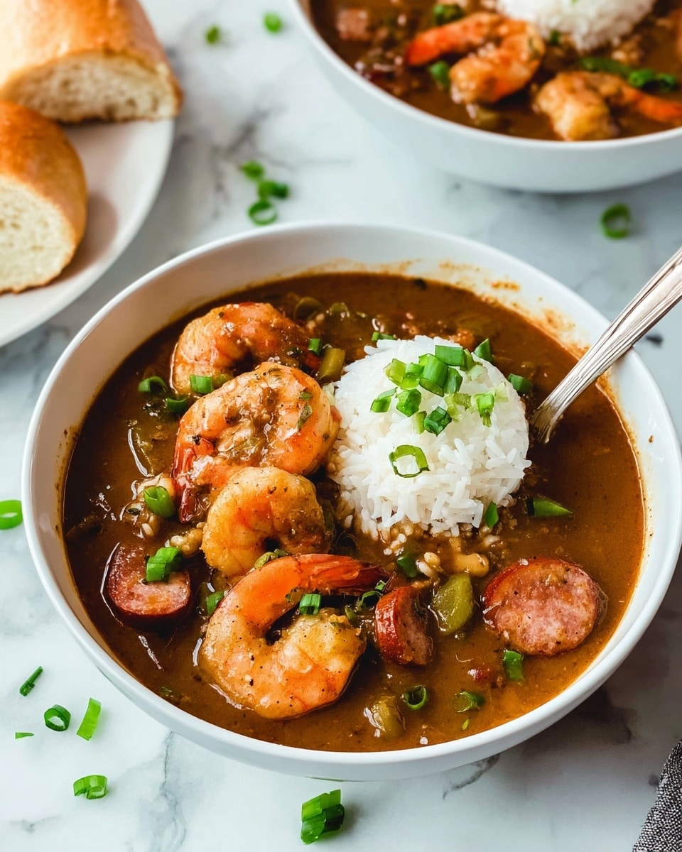 The image shows two white bowls filled with a thick brown stew with visible orange shrimp spread around, pieces of sausage, and little bits of green herbs on top. In the center of each bowl, there is a neat mound of white rice, with some small green onions sprinkled over the dish. One bowl has a silver spoon resting in it. Next to the bowls, there is a piece of bread with light yellow butter spread on it, placed on a purple and white cloth. A stack of white plates and a brown utensil holder with spoons and forks are also visible in the background, all on a white marbled surface. Photo taken with an iphone --ar 4:5 --v 7