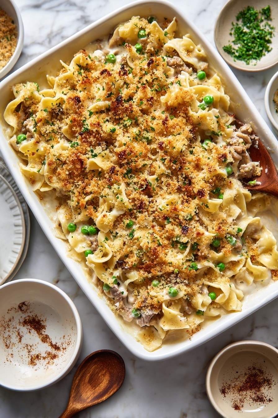 The image shows a white rectangular baking dish filled with a creamy pasta casserole topped with a golden brown crumb crust. The pasta beneath is wide egg noodles, mixed with small green peas and pieces of tender meat, all coated in a thick, light beige sauce. The crispy, toasted crumb layer on top is evenly spread, with a slightly rough texture and some green herb specks. The dish is placed on a white marbled surface, surrounded by various white bowls and plates with small amounts of sauce and spice remnants. A wooden spoon rests in one bowl, showing traces of the creamy sauce. photo taken with an iphone --ar 2:3 --v 7 - Creamy Tuna Noodle Casserole, Tuna Noodle Casserole, Easy Tuna Casserole, Comfort Food Recipes, Weeknight Dinners