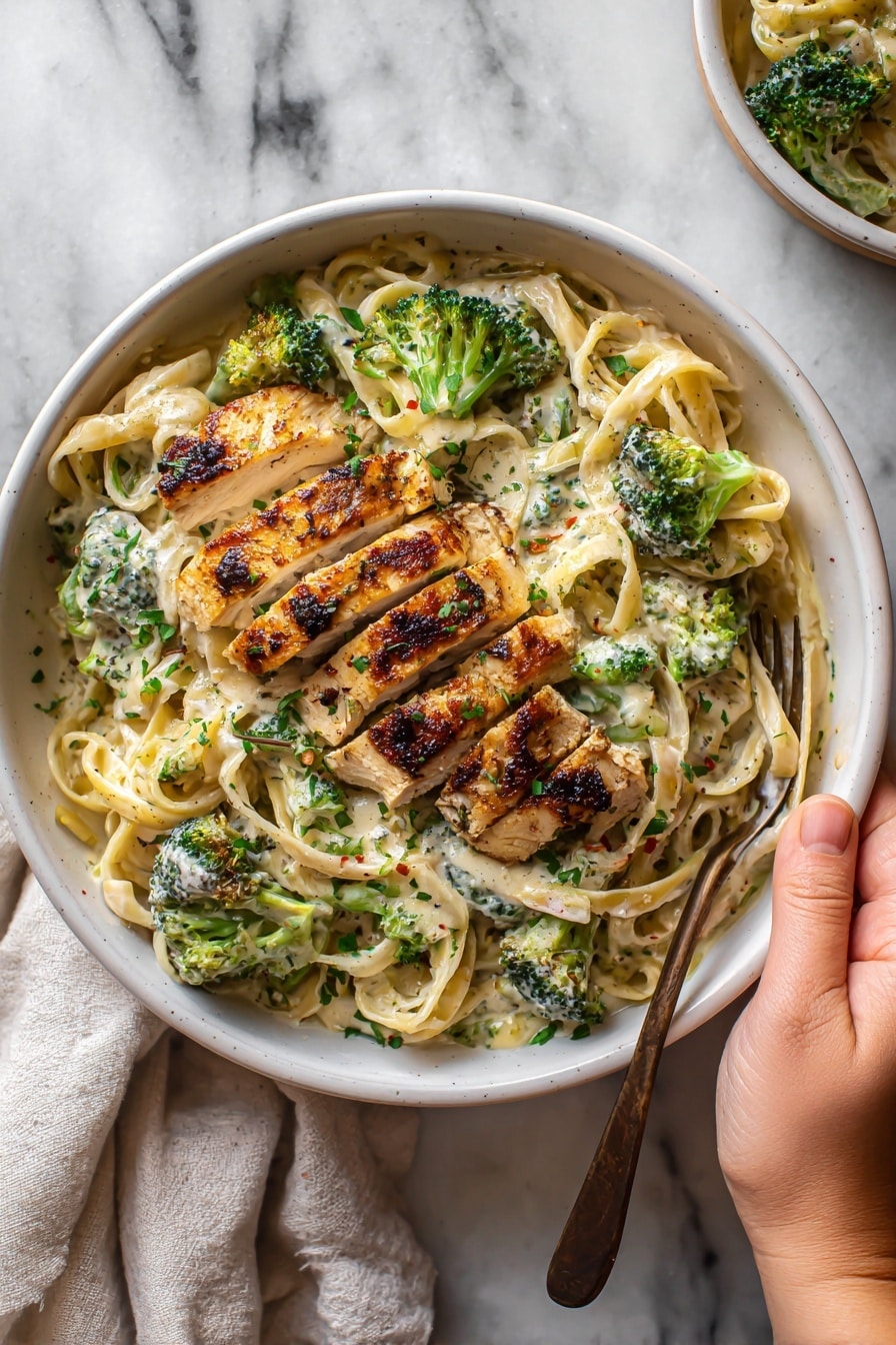 The image shows a white bowl filled with creamy fettuccine pasta mixed with green broccoli pieces. On top, there is a grilled chicken sliced into several strips, with a golden brown, slightly charred look. A woman's hand is reaching from the top right corner, about to pick up the bowl. The bowl sits on a white marbled surface, with a soft cloth and part of another white bowl partially visible nearby. photo taken with an iphone --ar 2:3 --v 7 - Healthy Chicken Alfredo, healthy creamy chicken pasta, easy chicken Alfredo, light chicken Alfredo dinner, quick healthy chicken recipe