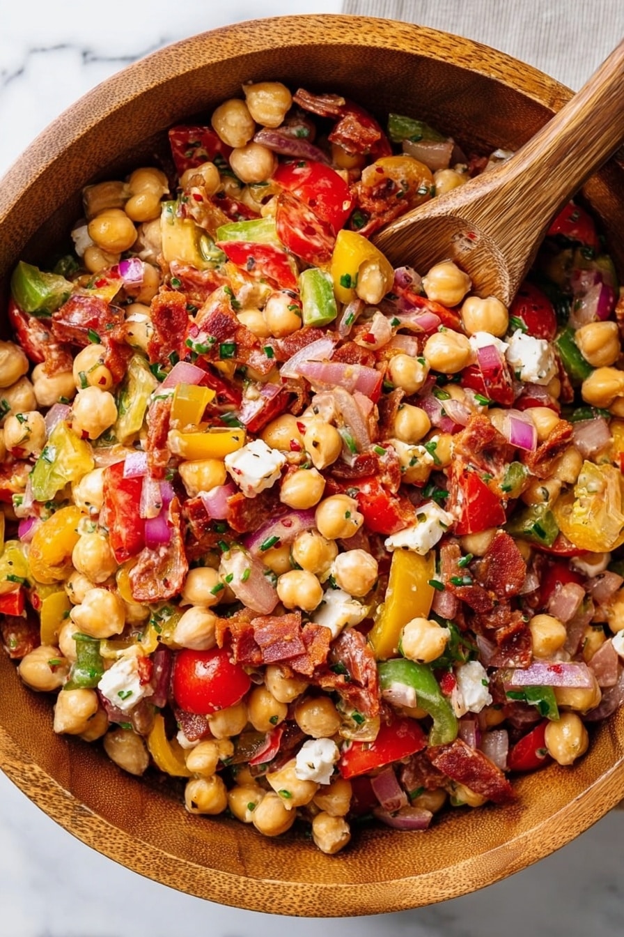 A large wooden bowl filled with a colorful mixed salad sitting on a white marbled surface. The salad has multiple layers including small whole chickpeas, white beans, chopped red onion pieces, and thin slices of red and yellow bell peppers. There are also halved cherry tomatoes, small cubes of white cheese, and thin, irregular strips of reddish cured meat scattered throughout. A wooden spoon rests inside the bowl, partially submerged in the salad, adding texture contrast. The overall look is vibrant with a mix of creamy, red, green, and yellow colors evenly spread and lightly coated in a glossy dressing. photo taken with an iphone --ar 2:3 --v 7 - Dense Bean Salad with Sun-Dried Tomato Vinaigrette, hearty bean salad recipe, healthy bean salad ideas, vegan bean salad, tangy vinaigrette salad