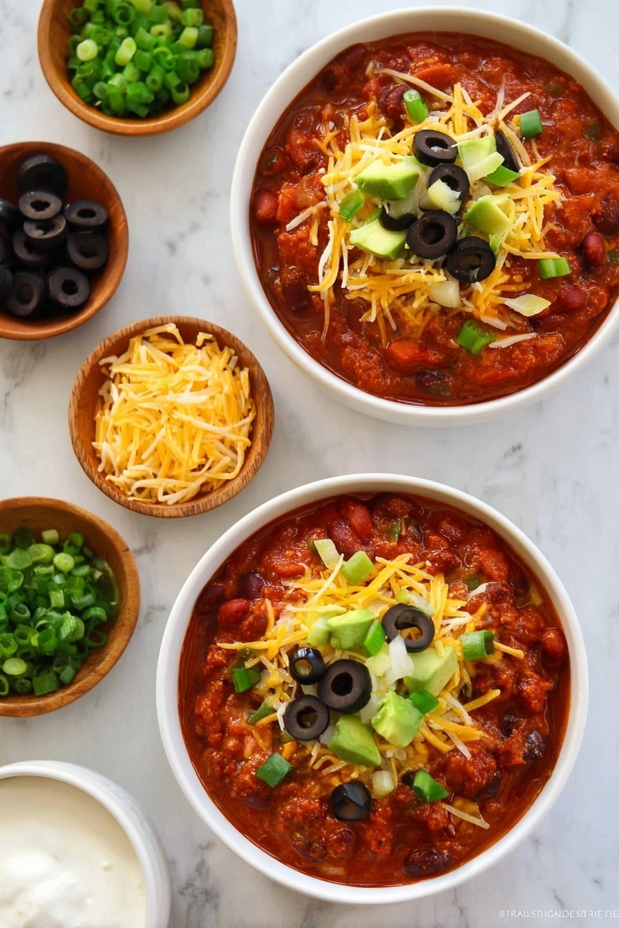 Two white bowls filled with thick red chili that has visible beans and chunks of vegetables. Each bowl is topped with shredded yellow cheese, sliced black olives, chopped green onions, and small pieces of green avocado. Around the bowls are small wooden bowls holding more chopped green onions, shredded yellow cheese, and sliced black olives. In the lower left corner, there is a white bowl with a white creamy sauce. The background is a white marbled surface. Photo taken with an iphone --ar 2:3 --v 7 - Leftover Turkey Chili, quick turkey chili, easy leftover turkey dinner, hearty turkey chili recipe, 30-minute turkey chili