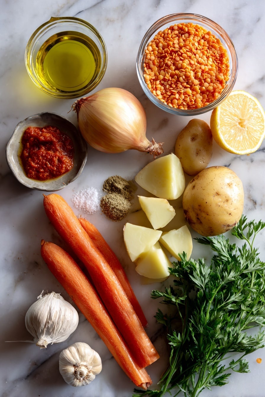 Flat lay of a small glass bowl of extra virgin olive oil, one whole onion, one medium carrot, one rib of celery, three garlic cloves, a small heap of ground cumin, a small spoonful of tomato paste, two medium potatoes cut into chunks, a large measuring cup filled with red lentils, a lemon cut into wedges, and a small bunch of chopped parsley placed on a white marble surface, photo taken with an iphone --ar 2:3 --v 7 - Creamy Red Lentil Soup, Easy One-Pot Lentil Soup, High-Protein Vegan Soup, Hearty Red Lentil Recipes, Healthy Lentil Soup