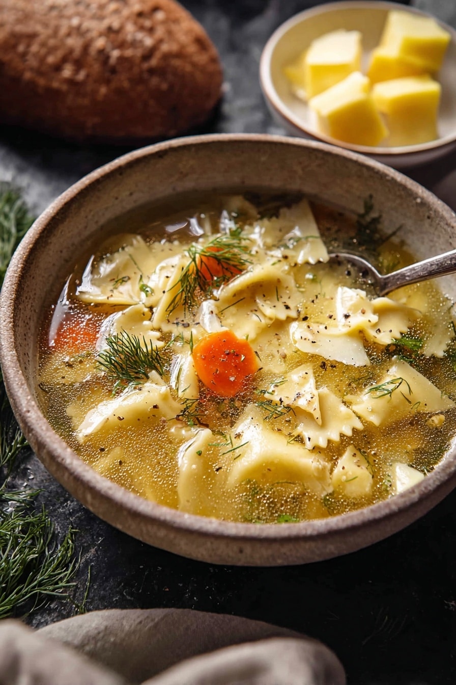 A bowl of clear broth soup filled with light yellow pasta pieces that have jagged edges floating on the surface, with small orange carrot slices peeking through and fresh green dill sprigs scattered on top. The soup has a slightly oily surface with specks of black pepper visible, and thin shavings of a pale yellow cheese resting on some pasta. The bowl is rough-textured and earthy in tone, set against a dark background with a spoon resting inside. In the background, there is a white bowl with yellow cheese wedges and dill, and a round brown loaf of bread on a white marbled texture. photo taken with an iphone --ar 2:3 --v 7 - Lemony Pesto Chicken Noodle Soup, lemon chicken noodle soup, healthy pesto chicken soup, flavorful chicken noodle soup, bright lemon chicken soup