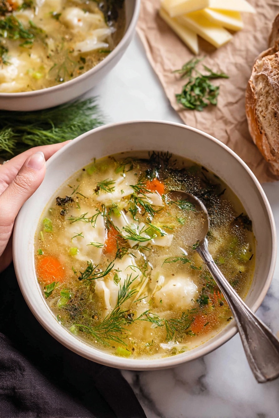 A white bowl filled with a clear broth soup that has soft textured vegetable pieces like white dumpling strips, bright orange carrot slices, and green herbs floating on top, including fresh dill and chopped green onions; a silver spoon rests inside the bowl with a woman's hand holding it gently from the side. Behind the bowl, another white bowl contains light yellow cheese wedges and extra sprigs of fresh dill. To the right, there is a piece of crusty brown bread on a piece of brown paper. All items are set on a white marbled surface. photo taken with an iphone --ar 2:3 --v 7 - Lemony Pesto Chicken Noodle Soup, lemon chicken noodle soup, healthy pesto chicken soup, flavorful chicken noodle soup, bright lemon chicken soup