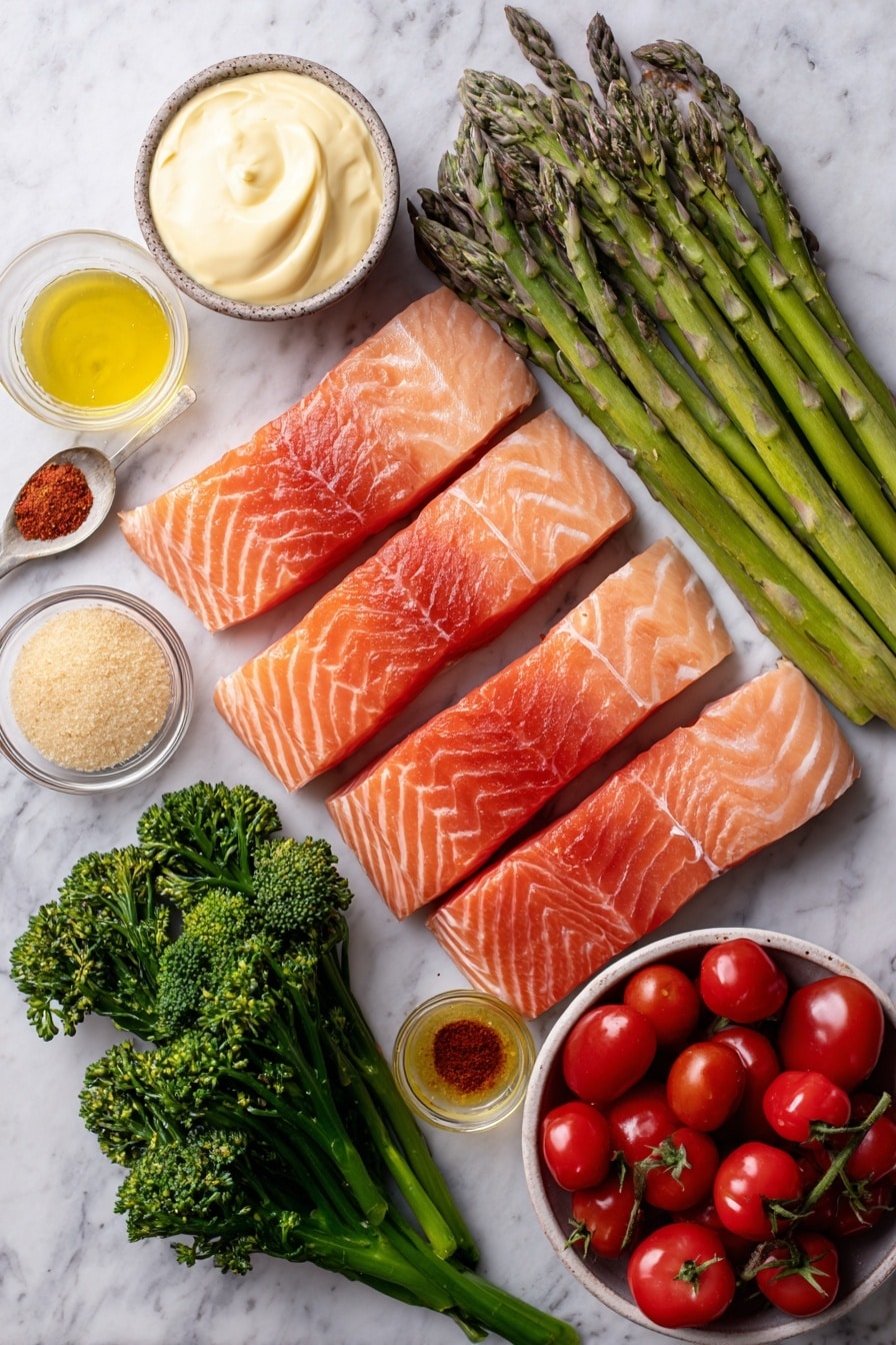Flat lay of four thick salmon fillets with skin on, two bunches of fresh green asparagus, one bunch of broccolini with small florets, a small bowl overflowing with bright red cherry tomatoes, a small dish of golden brown sugar, a tiny ramekin of creamy mayonnaise, a small spoonful of Dijon mustard, a drizzle of olive oil in a shallow dish, and a pinch of cayenne pepper in a small heap, all placed on a white marble surface, photo taken with an iphone --ar 2:3 --v 7 - Brown Sugar Broiled Salmon with Roasted Vegetables, salmon with caramelized glaze, quick healthy seafood dinner, easy roasted vegetable side, under 15-minute salmon recipe
