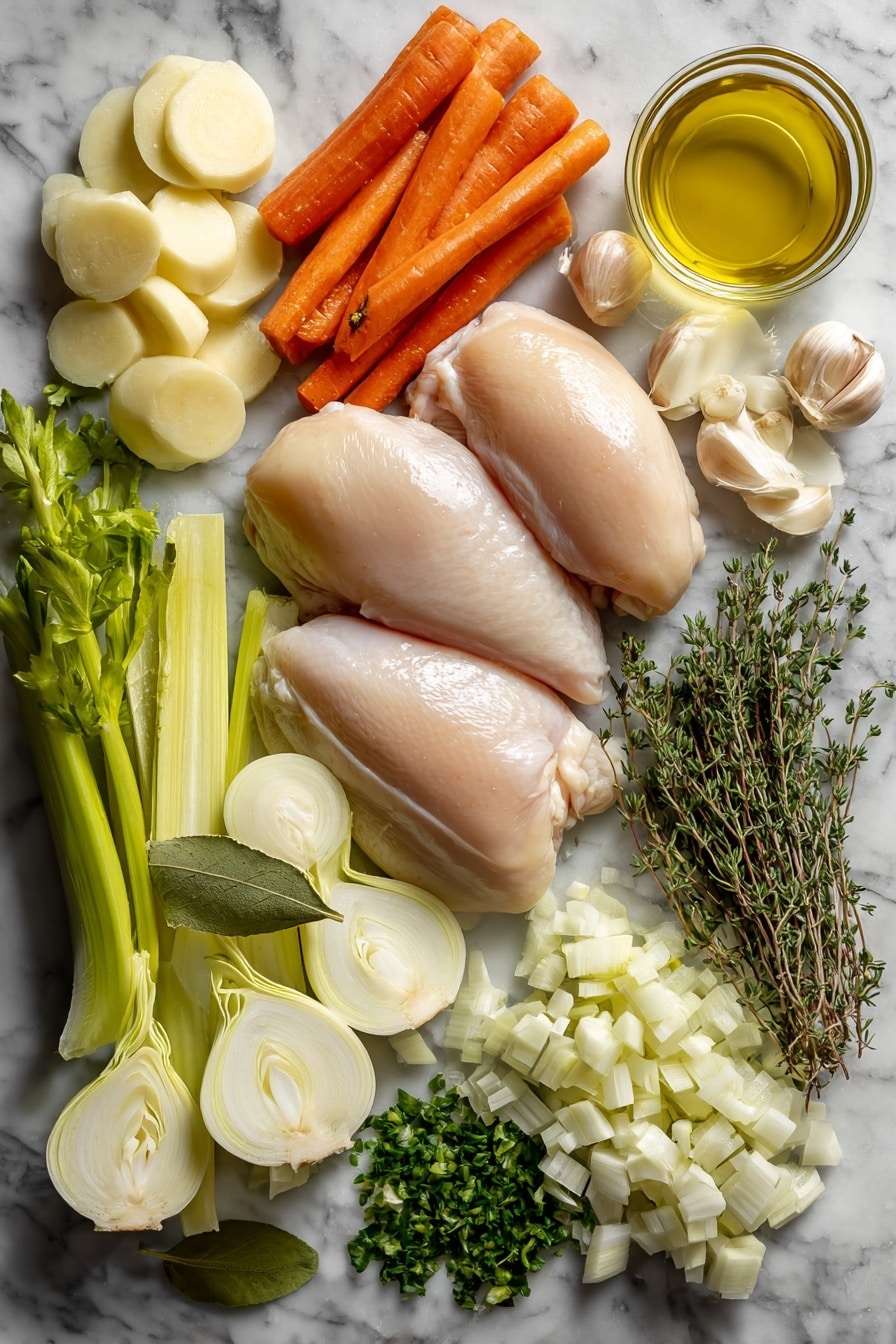 Flat lay of two whole boneless skinless chicken breasts, four medium peeled and sliced carrots, three peeled and sliced parsnips, three sliced celery ribs, half a medium diced onion, one halved and sliced leek, four minced garlic cloves, two sprigs each of fresh thyme and fresh tarragon, one bay leaf, a small bowl of extra virgin olive oil, and a small bunch of roughly chopped fresh parsley placed on a white marble surface, photo taken with an iphone --ar 2:3 --v 7 - Ultimate Chicken Soup, Chicken Soup Recipe, Cozy Chicken Soup, Hearty Chicken Soup, Homemade Chicken Soup