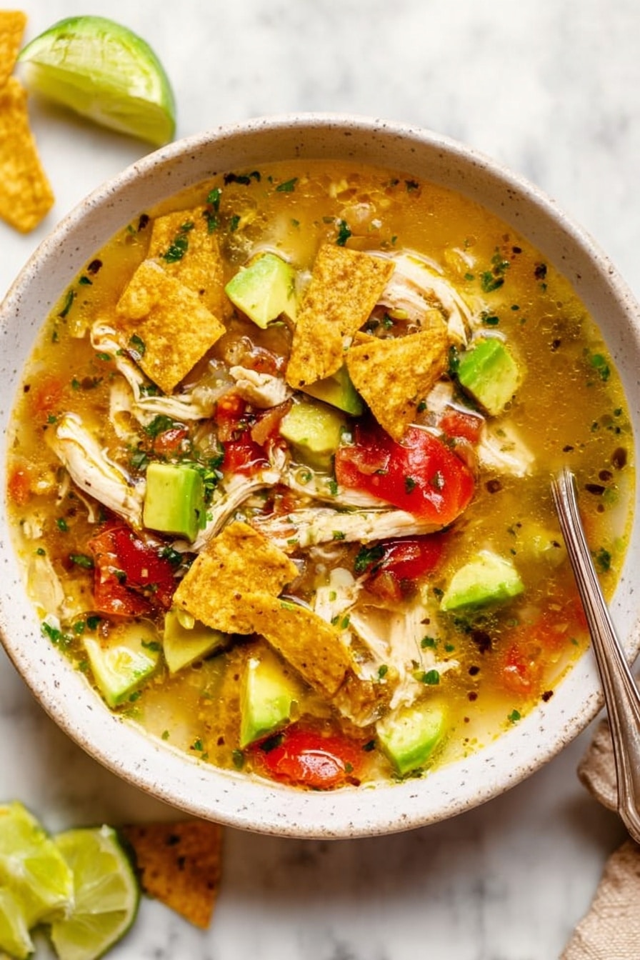A white bowl filled with a colorful soup containing shredded light-colored chicken, bright green avocado cubes, chunky red tomatoes, and crispy broken tortilla chips scattered on top, all in a light broth with small green herb pieces sprinkled throughout; the bowl sits on a white marbled surface with a whole dark green avocado and a small white bowl of lime wedges above it, and a small white bowl of more tortilla chips below it, with a metal spoon next to the bowl. photo taken with an iphone --ar 2:3 --v 7 - Sopa de Lima, vibrant lime soup, Mexican lime soup, easy Sopa de Lima, tangy lime chicken soup