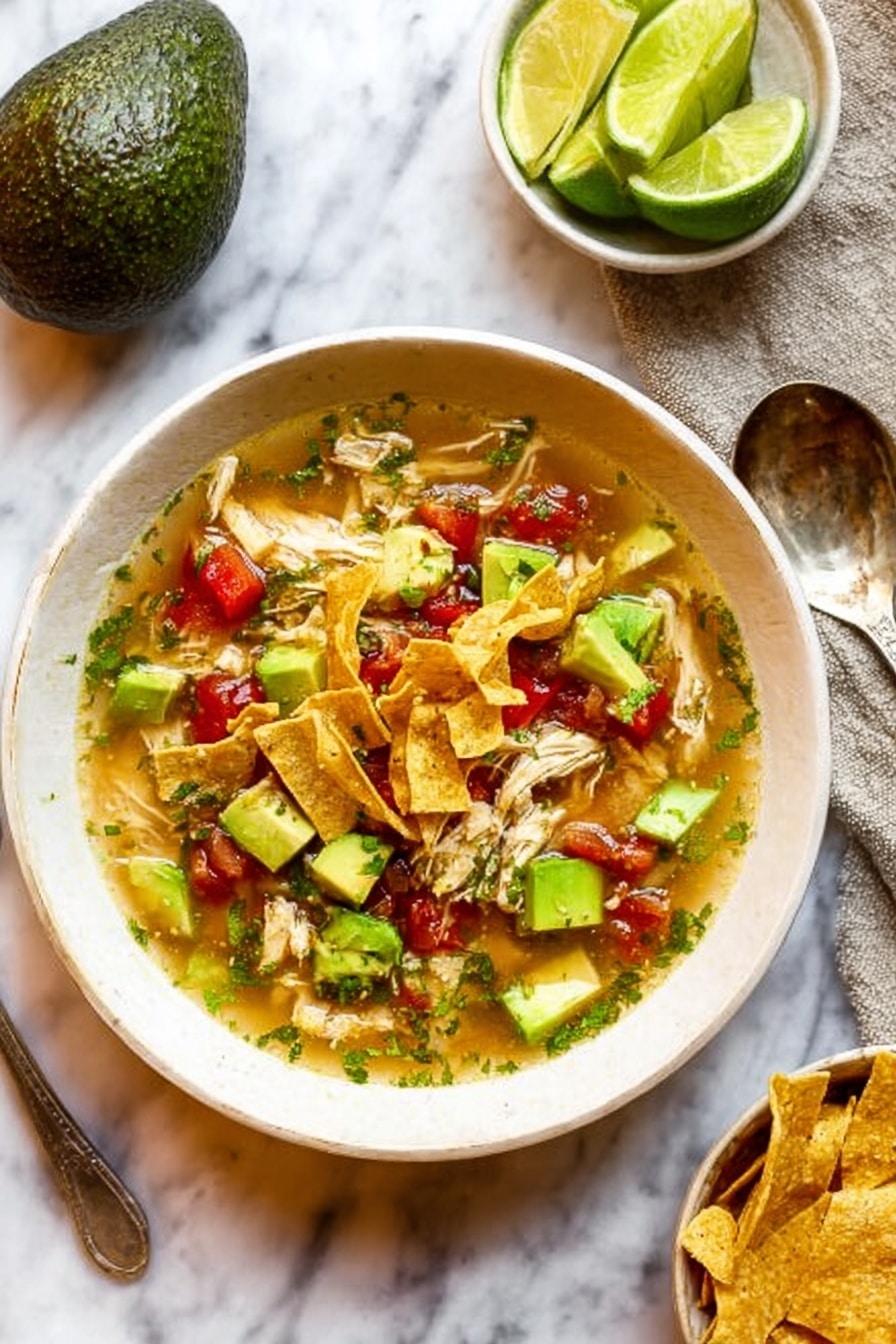A top view of a large white pot filled with clear soup that has shredded white chicken pieces, small red tomato chunks, green herbs, and floating bits of onions and peppers. A wooden spoon with a long handle is lifting some soup and chicken from the pot. Around the pot, there is a white bowl with lime wedges, a whole avocado, some green cilantro leaves, and a small white bowl filled with round yellow tortilla chips, all placed on a white marbled surface. photo taken with an iphone --ar 2:3 --v 7 - Sopa de Lima, vibrant lime soup, Mexican lime soup, easy Sopa de Lima, tangy lime chicken soup