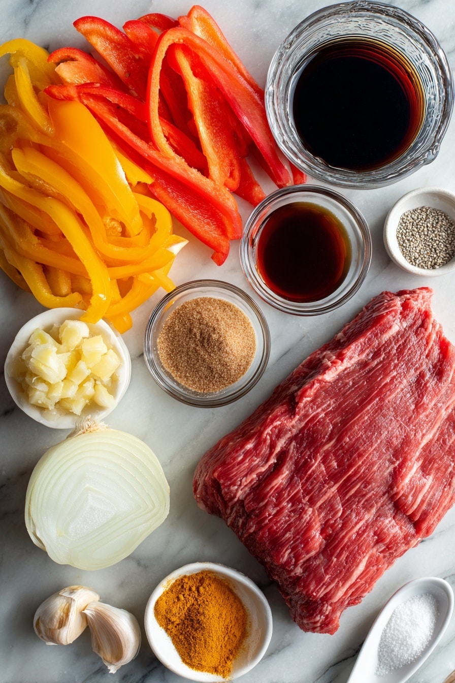 Flat lay of a thick flank steak cut into a large piece, two colorful bell peppers sliced thinly, a halved onion with thin slices next to it, three small garlic cloves peeled, a small pile of fresh minced ginger, a small bowl of dark honey, a smaller bowl of packed brown sugar, a glass container of deep red wine vinegar, a small dish of dark soy sauce, a tiny cup of sesame oil, a small heap of freshly ground black pepper, a teaspoon of cornstarch powder on a white spoon, all placed on a white marble surface, photo taken with an iphone --ar 2:3 --v 7 - Pepper Steak with Onion, pepper steak recipe, easy beef stir-fry, flavorful steak dinner, quick weeknight steak