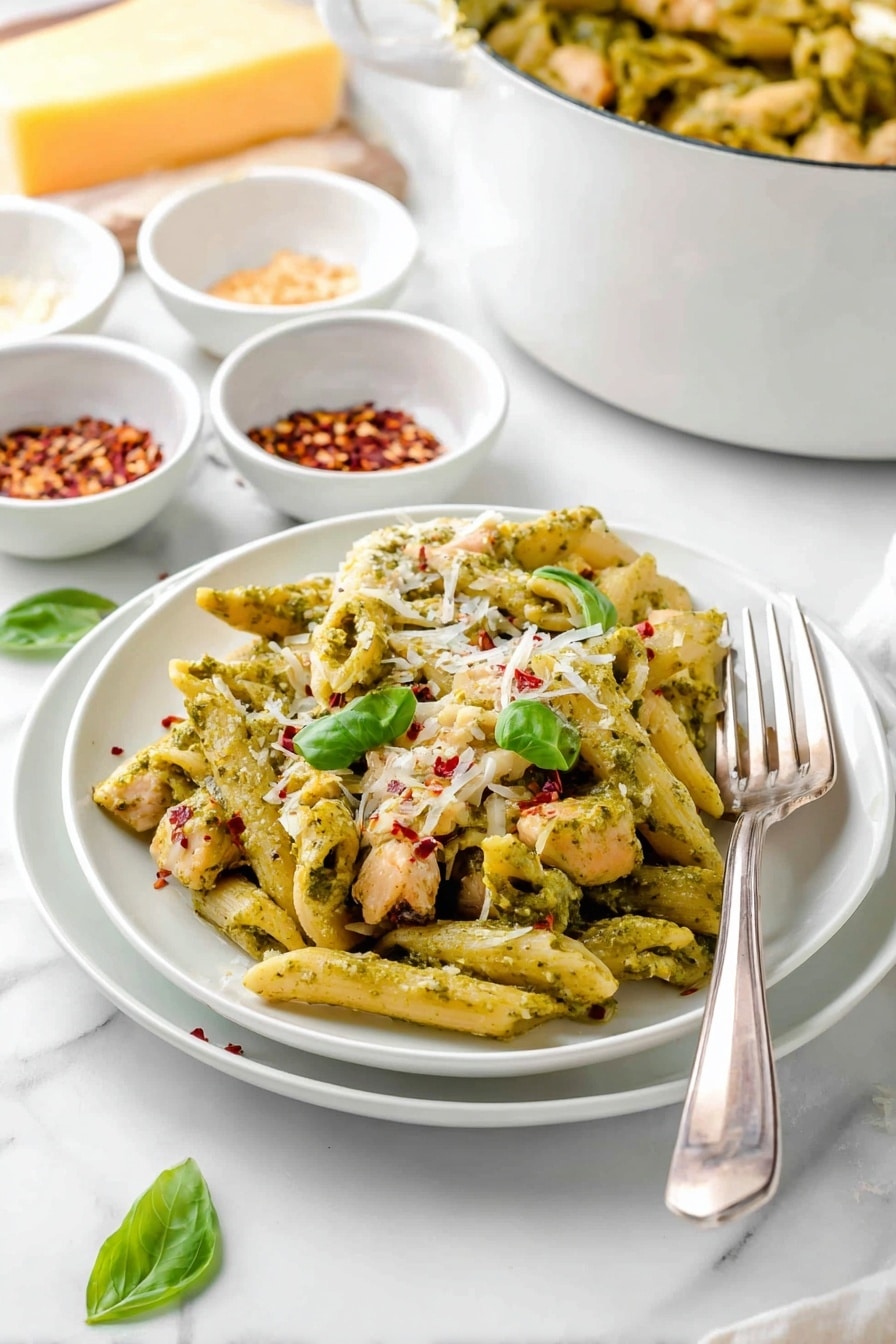 The image shows a white plate resting on a white marbled surface, filled with penne pasta covered in green pesto sauce, mixed with small pieces of cooked chicken in light brown color, scattered red pepper flakes, and topped with fresh green basil leaves and white shredded cheese. Beside the plate, there is a silver fork on the right side. In the background, there is a white pot containing more of the same pasta dish. Surrounding the pot are small white bowls holding spices, including red flakes and a light-colored powdered seasoning, and a piece of yellow cheese rests near the bowls. Photo taken with an iphone --ar 2:3 --v 7 - Chicken Pesto Pasta, easy chicken pesto pasta, quick pesto pasta recipe, creamy chicken pasta, sun-dried tomato pasta