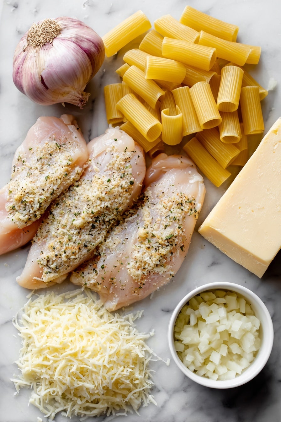 Flat lay of raw chicken tenderloins coated with Italian seasoning and shredded parmesan, finely diced yellow onion, peeled garlic cloves, a small pile of dried pasta, a wedge of Parmesan cheese with some shavings, a stick of butter, and a small bowl of creamy half and half, placed on a white marble surface, photo taken with an iphone --ar 2:3 --v 7 - One Pot Creamy Parmesan Chicken Pasta, creamy chicken pasta, one pot chicken pasta dinner, easy creamy pasta recipe, quick chicken pasta meal