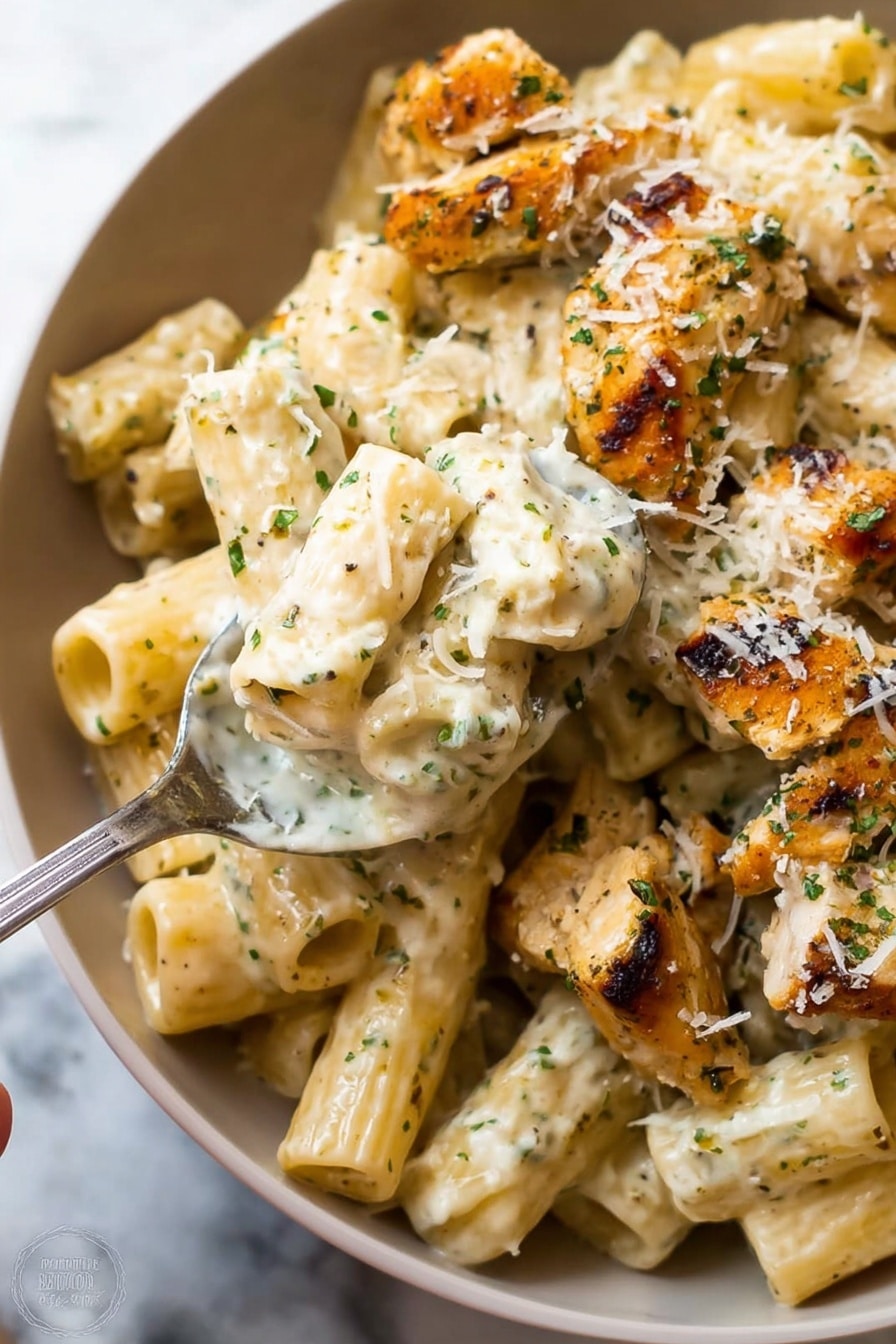 The image shows a close-up of rigatoni pasta coated in a creamy, white sauce with small green herb bits, lifted by a woman's hand holding a spoon. The pasta is mixed with pieces of grilled chicken, which are golden brown with a slightly crispy texture and sprinkled with grated white cheese and herbs. The dish is served in a white bowl, placed on a white marbled surface. photo taken with an iphone --ar 2:3 --v 7 - One Pot Creamy Parmesan Chicken Pasta, creamy chicken pasta, one pot chicken pasta dinner, easy creamy pasta recipe, quick chicken pasta meal