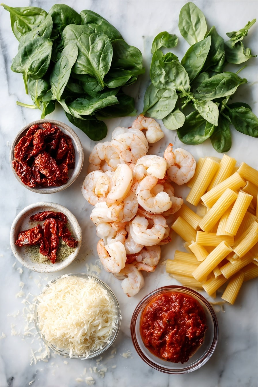 Flat lay of plump large shrimp, vibrant sun-dried tomatoes sliced with glossy tomato oil, fresh baby spinach leaves, finely chopped garlic cloves, a small pile of rigatoni pasta, a spoonful of rich red tomato paste, grated Parmesan cheese mounded in a neat heap, and fresh torn basil leaves scattered gently, placed on a white marble surface, photo taken with an iphone --ar 2:3 --v 7 - Marry Me Shrimp Pasta with Sun-Dried Tomato Cream Sauce, shrimp pasta recipe, sun-dried tomato pasta, creamy shrimp pasta, romantic seafood dinner