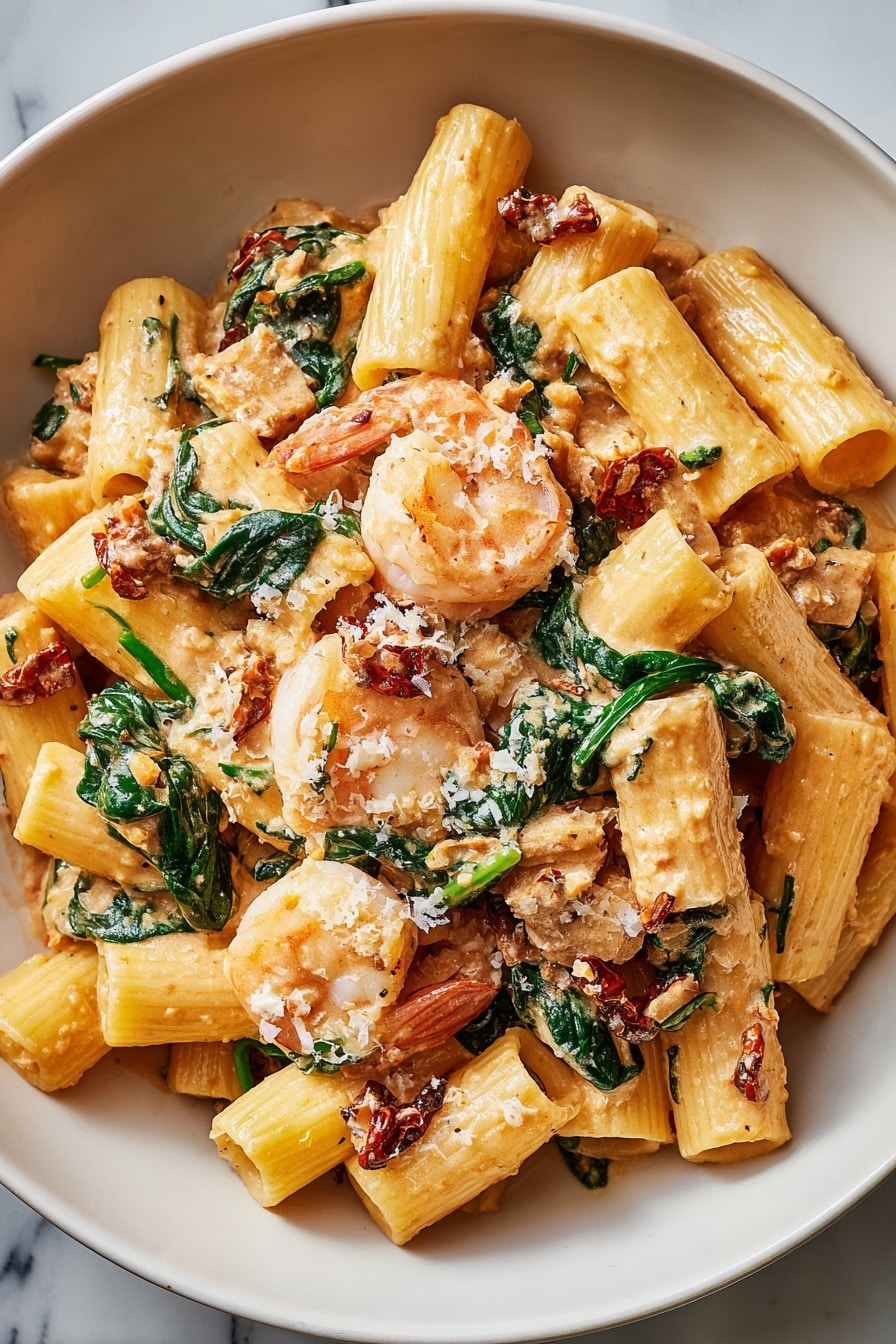 The dish shows rigatoni pasta mixed with creamy orange-colored sauce, with visible pieces of cooked shrimp and wilted dark green spinach leaves spread evenly throughout. Small bits of sun-dried tomatoes and grated white cheese are sprinkled on top. The pasta and shrimp have a smooth, slightly shiny texture, while the spinach adds contrast with its soft, leafy texture. The food is served in a white bowl placed on a white marbled surface. photo taken with an iphone --ar 2:3 --v 7 - Marry Me Shrimp Pasta with Sun-Dried Tomato Cream Sauce, shrimp pasta recipe, sun-dried tomato pasta, creamy shrimp pasta, romantic seafood dinner