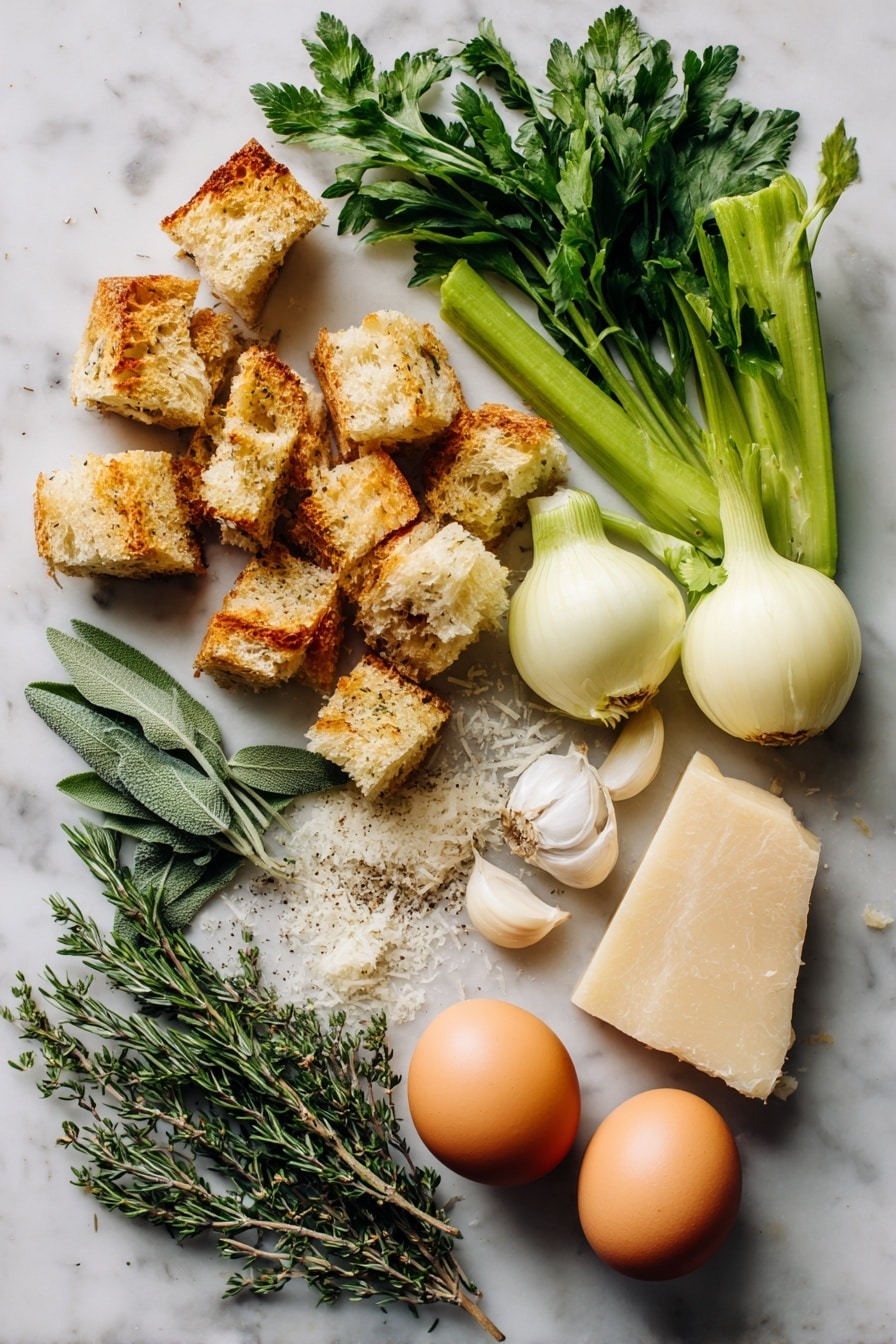 Flat lay of golden sourdough bread cubes, fresh bright green celery stalks, a peeled yellow onion, several peeled garlic cloves, a small bunch of fresh parsley, sprigs of rosemary, sage, and thyme, a wedge of parmesan cheese with some grated parmesan scattered nearby, and two fresh brown eggs, all beautifully arranged and vibrant, placed on a white marble surface, photo taken with an iphone --ar 2:3 --v 7 - Crispy-Edged Stuffing Muffins, stuffing muffins, Thanksgiving side dishes, individual stuffing portions, crispy stuffing edges