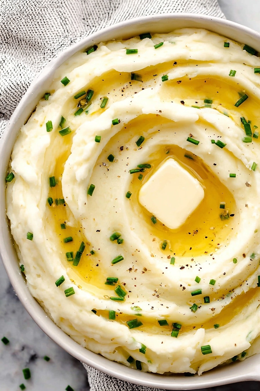 A white bowl full of creamy mashed potatoes with soft swirls forming a round pattern on the top layer. A square piece of butter sits in the middle, melting and spreading golden yellow glossy streaks across the smooth white surface of the potatoes. Small, bright green chopped chives are scattered evenly on top, along with tiny black pepper bits adding tiny dark specks. The bowl is placed on a white marbled surface with a light gray striped cloth underneath. Photo taken with an iphone --ar 2:3 --v 7 - Buttermilk Mashed Potatoes, creamy mashed potatoes, tangy mashed potato recipe, easy mashed potato side, holiday mashed potato ideas