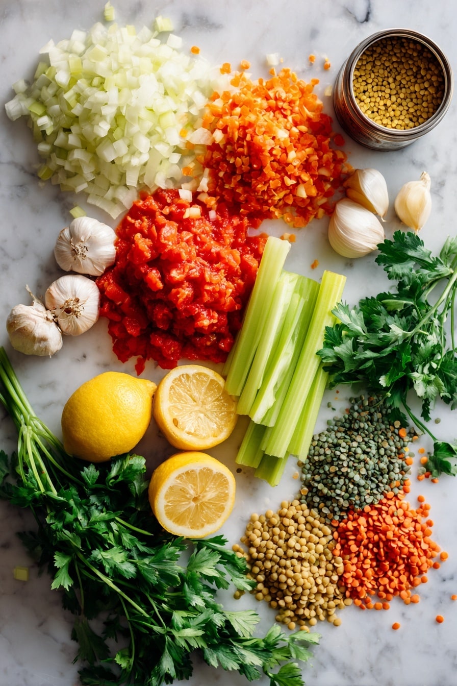 Flat lay of a large yellow onion finely chopped, two celery stalks chopped, one peeled and chopped carrot, four garlic cloves minced, bright red crushed tomatoes in a gentle pile, fresh green cilantro leaves loosely arranged, small heaps of green and red lentils, a can of beige chickpeas spilling some out, a few lemon wedges with vibrant yellow rinds, all placed on a white marble surface, photo taken with an iphone --ar 2:3 --v 7 - Moroccan Lentil and Chickpea Soup, Harira, Moroccan soup with warm spices, hearty Moroccan lentil soup, traditional Moroccan chickpea soup