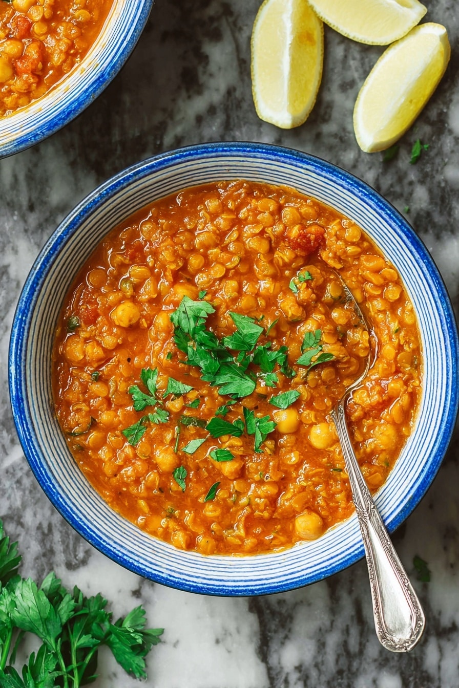 The image shows a thick and hearty orange-red stew filled with small lentils, chickpeas, and rice in a white bowl with a blue rim. The stew has a soft, slightly chunky texture with visible bits of vegetables and herbs. On top, there are a few fresh green parsley leaves placed as garnish. A silver spoon rests inside the bowl on the right side. Nearby on the white marbled surface, there are lemon wedges placed to the top right corner of the bowl. photo taken with an iphone --ar 2:3 --v 7 - Moroccan Lentil and Chickpea Soup, Harira, Moroccan soup with warm spices, hearty Moroccan lentil soup, traditional Moroccan chickpea soup